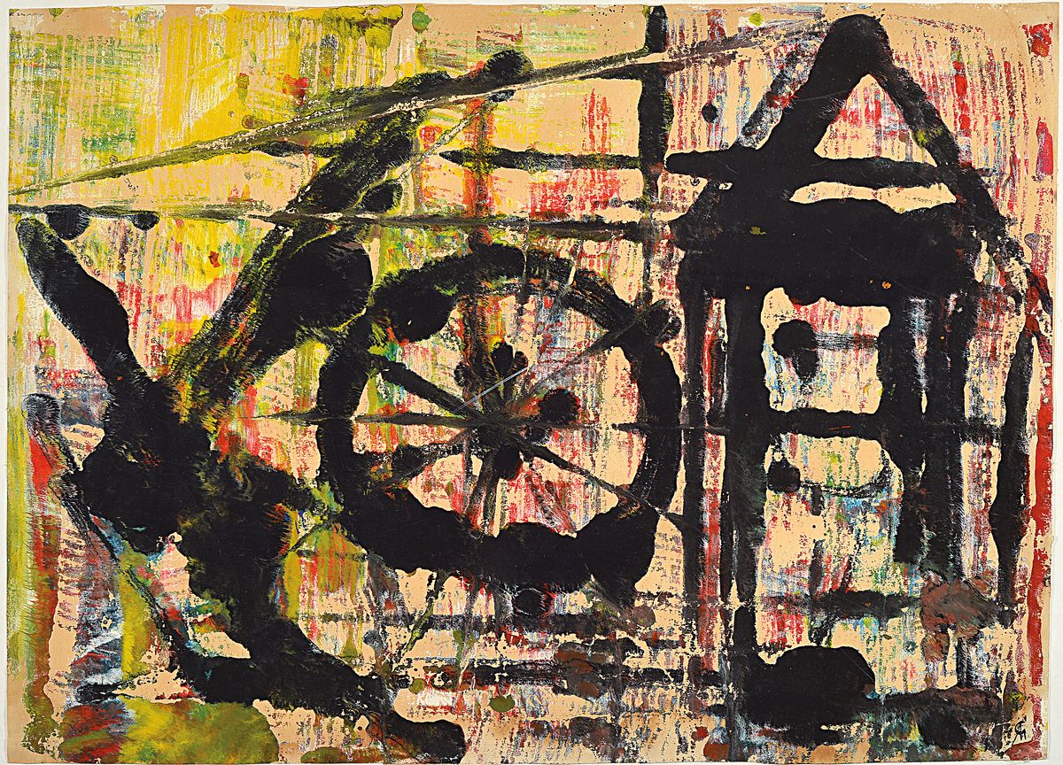 Rolf Cavael, 1898 - 1979, Öl/Papier, "abstrakte Komposition", u.e. rechts monogrammiert, 44.5 x 61.5 cm, Rahmen 51 x 71 cm