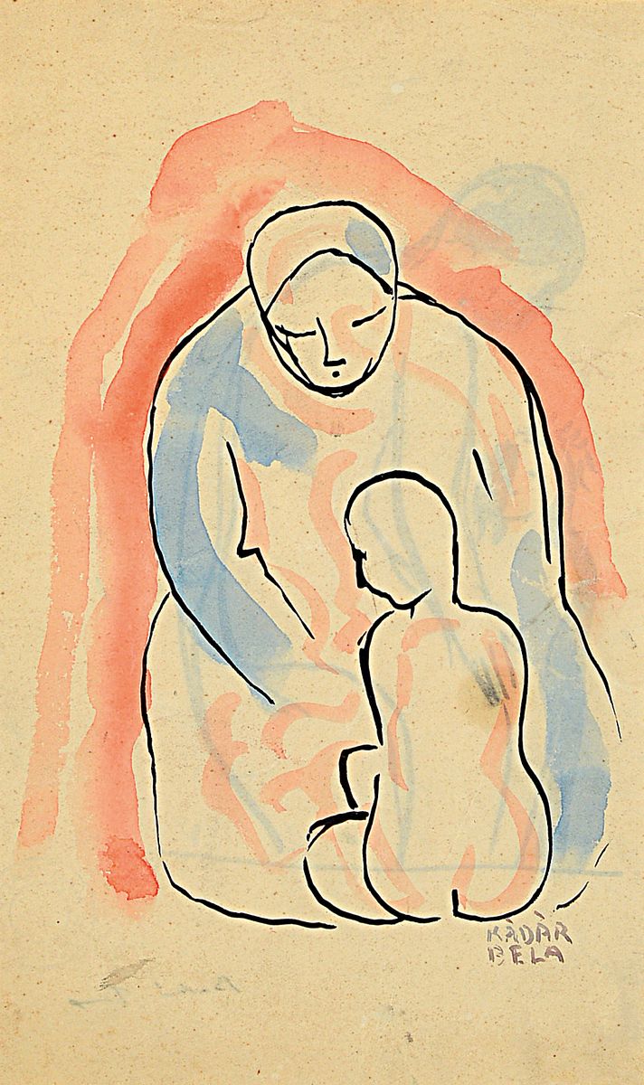 Béla Kadar, 1877-1956, Aquarell, Tuschepinselzeichnung auf Papier, "Mutter und Kind", es handelt sich eigentlich um zwei Werke, denn der ...