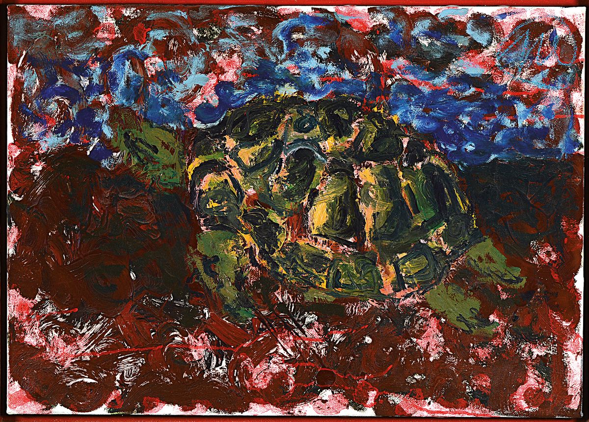 Markus Lüpertz, geb.1941, Schildkröte vor stil. Landschaft, rötlich brauner Untergrund und blaue Wolken im Hintergrund, Öl/Lwd, rückseitig ...