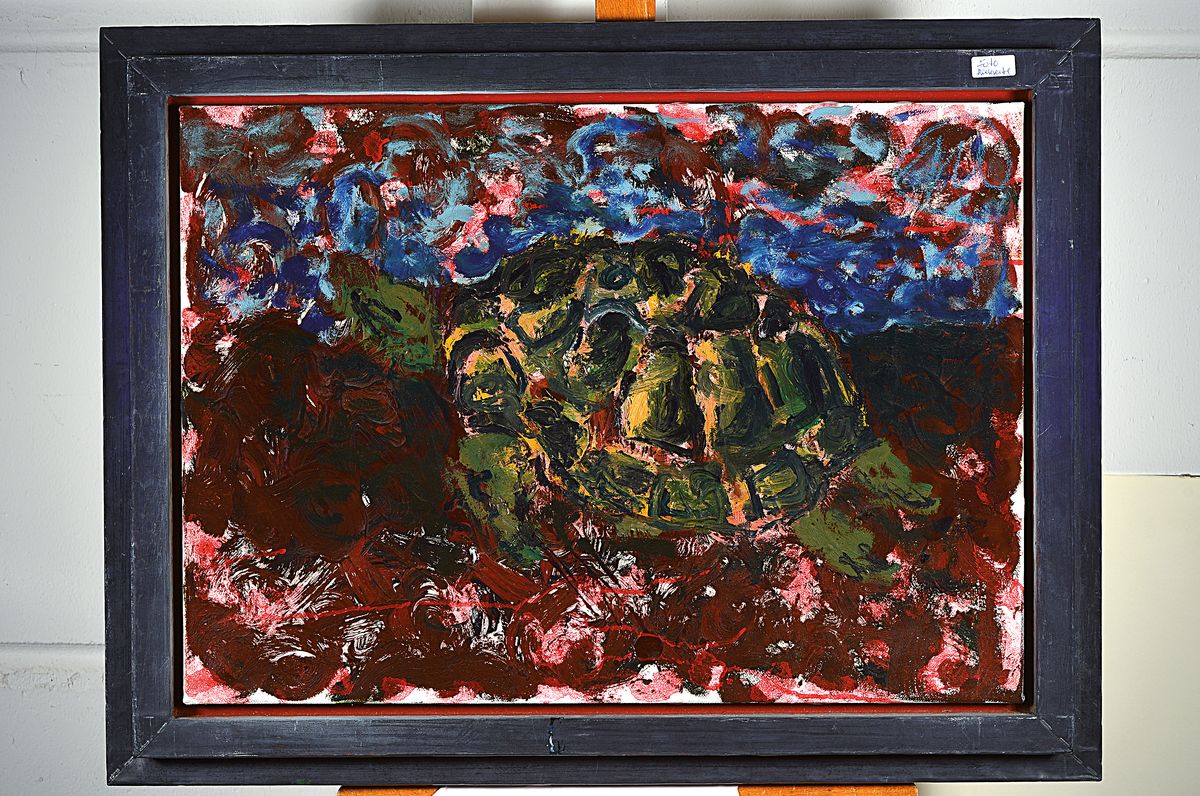 Detail k: Markus Lüpertz, geb.1941, Schildkröte vor stil. Landschaft, rötlich brauner Untergrund und blaue Wolken im Hintergrund, Öl/Lwd, rückseitig ...
