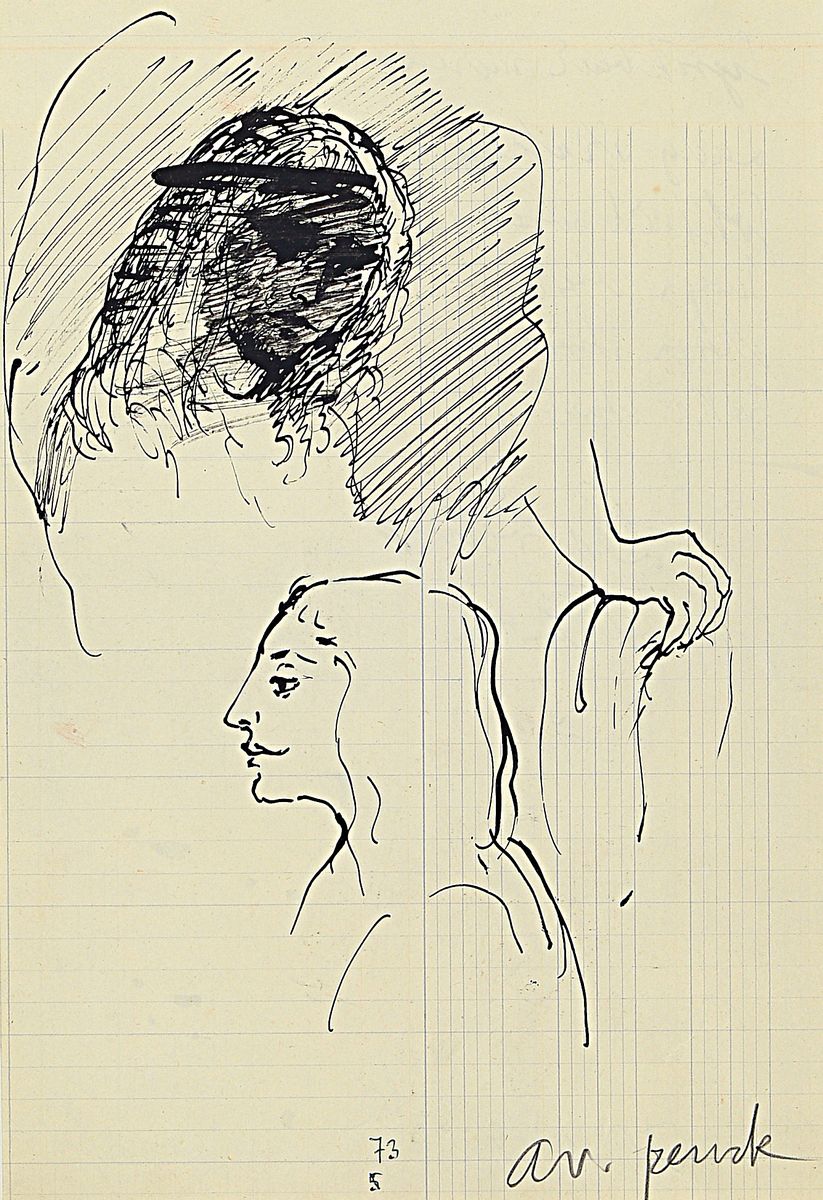 A.R. Penck, 1939 - 2017, Tusche-Federzeichnung/Skizze auf liniertem Blatt, Porträtstudien, handsigniert, ca. 29.5 x 21 cm,/54.5 x 42 cm, unter Glas, ...