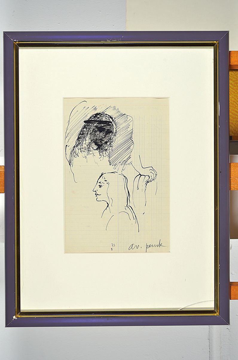 Detail k: A.R. Penck, 1939 - 2017, Tusche-Federzeichnung/Skizze auf liniertem Blatt, Porträtstudien, handsigniert, ca. 29.5 x 21 cm,/54.5 x 42 cm, unter Glas, ...