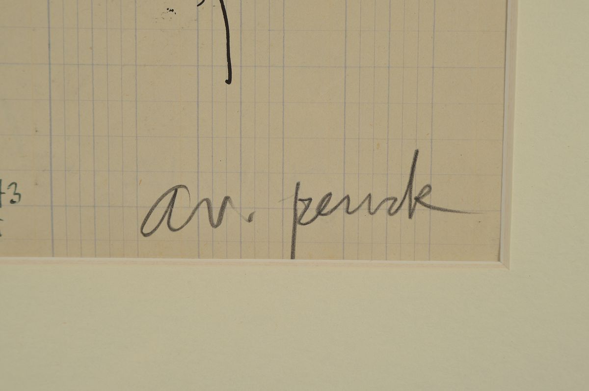 Detail l: A.R. Penck, 1939 - 2017, Tusche-Federzeichnung/Skizze auf liniertem Blatt, Porträtstudien, handsigniert, ca. 29.5 x 21 cm,/54.5 x 42 cm, unter Glas, ...