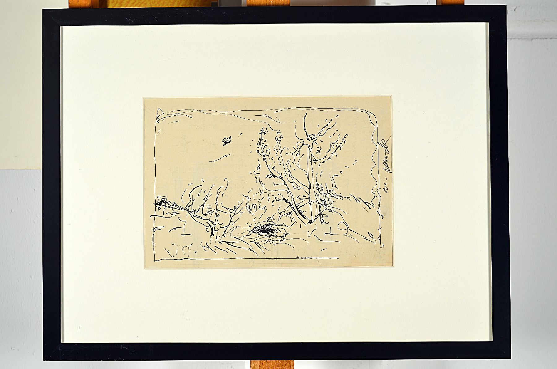 A.R. Penck, 1939-2017, Tuschefederzeichnung, Landschaft mit Baum und Busch, seitlich handsigniert, auf Papier, auf der Rückseite Wortlisten ...