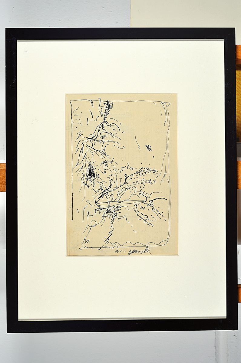 Detail k: A.R. Penck, 1939-2017, Tuschefederzeichnung, Landschaft mit Baum und Busch, seitlich handsigniert, auf Papier, auf der Rückseite Wortlisten ...