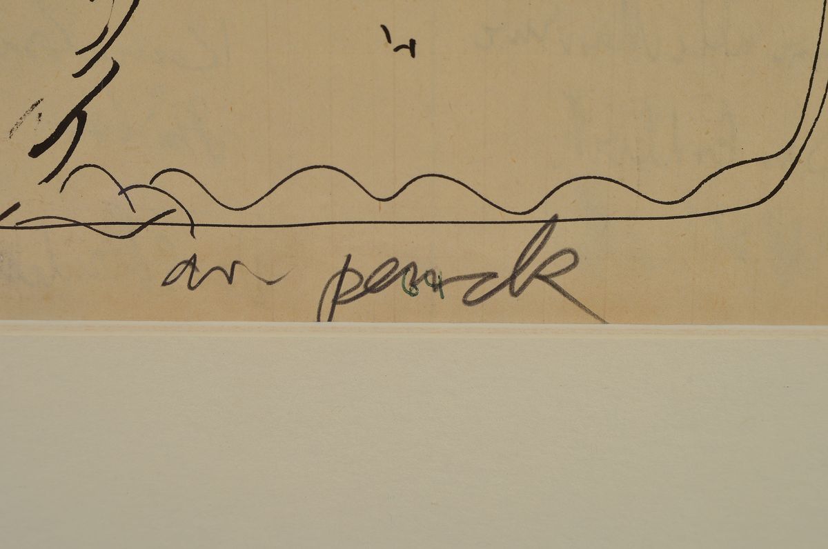 Detail l: A.R. Penck, 1939-2017, Tuschefederzeichnung, Landschaft mit Baum und Busch, seitlich handsigniert, auf Papier, auf der Rückseite Wortlisten ...