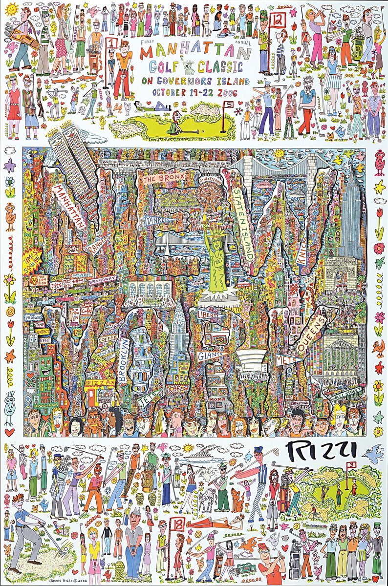 James Rizzi, 1950 - 2011, "Manhatten Golf classic", Offset auf Hochglanzpapier, handsigniert, zum ersten jährlich stattfindenden Golf ...