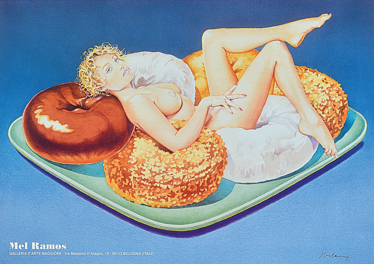 Mel Ramos, 1935 - 2018, Offset auf Lackpapier, "Donut Doll" handsigniert, aus 2001, Blattgröße 48 x 68 cm, Rahmen 67 x 87 cm