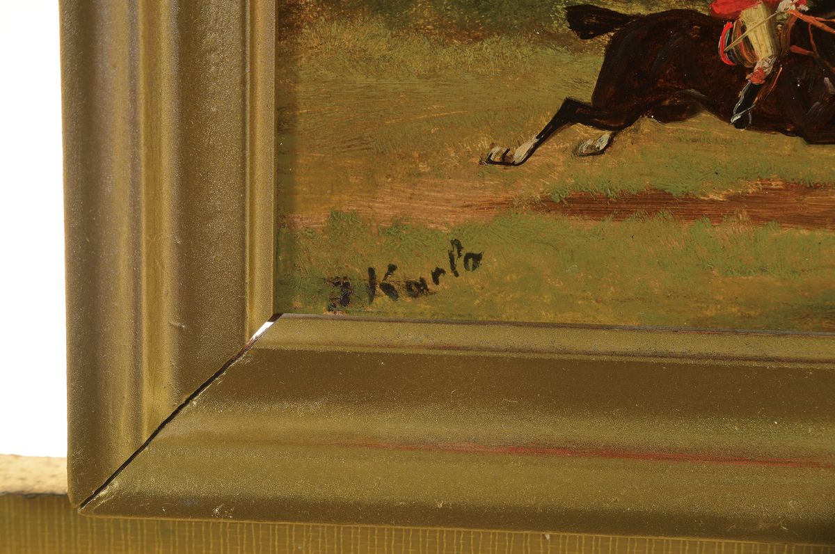 Detail b: J. Karlo, zeitgenössischer Traditionalist, zwei Pendants mit Parforcereitern, Öl/Holz, kleinere Farbfehlstellen, beide signiert, je ca. 15x31cm, R. ...