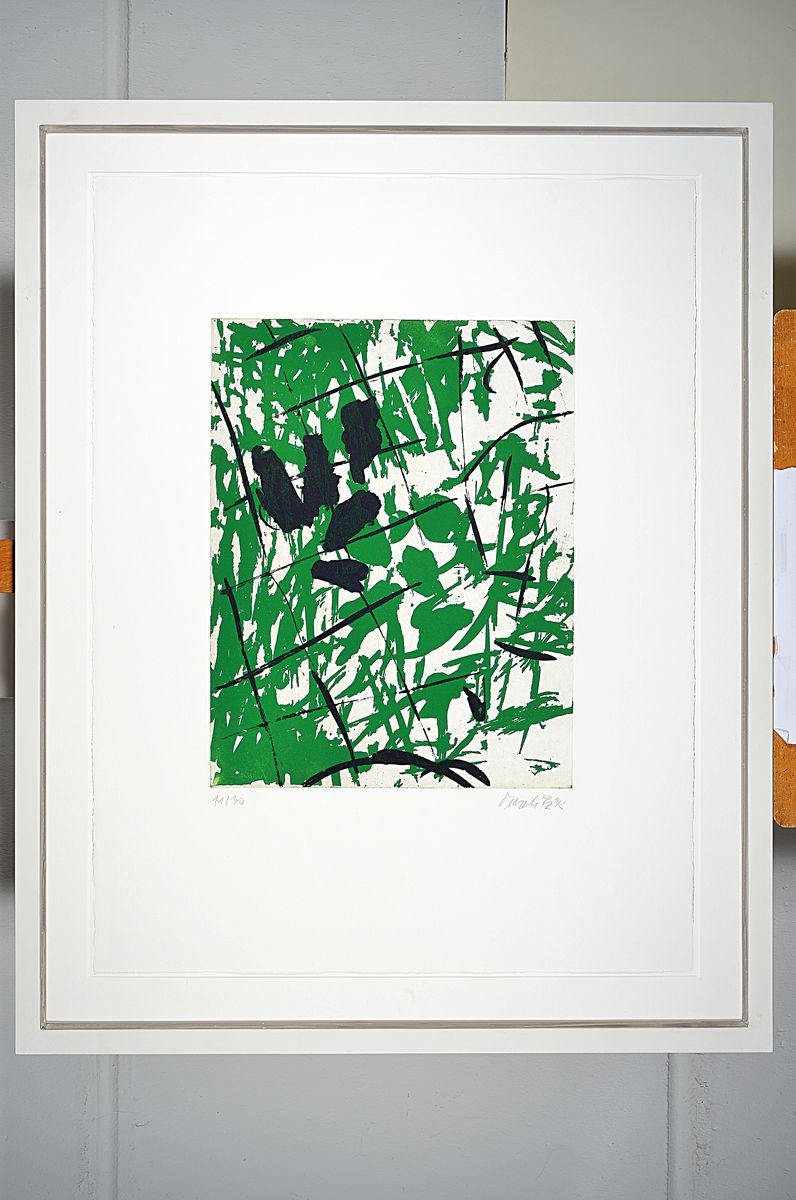 Detail k: Georg Baselitz, geb. 1938, Farbradierung auf Bütten, handsigniert, num. 11/30, Blattgröße 76 x 57.5 cm, Rahmen 90 x 72cm, aus 1992