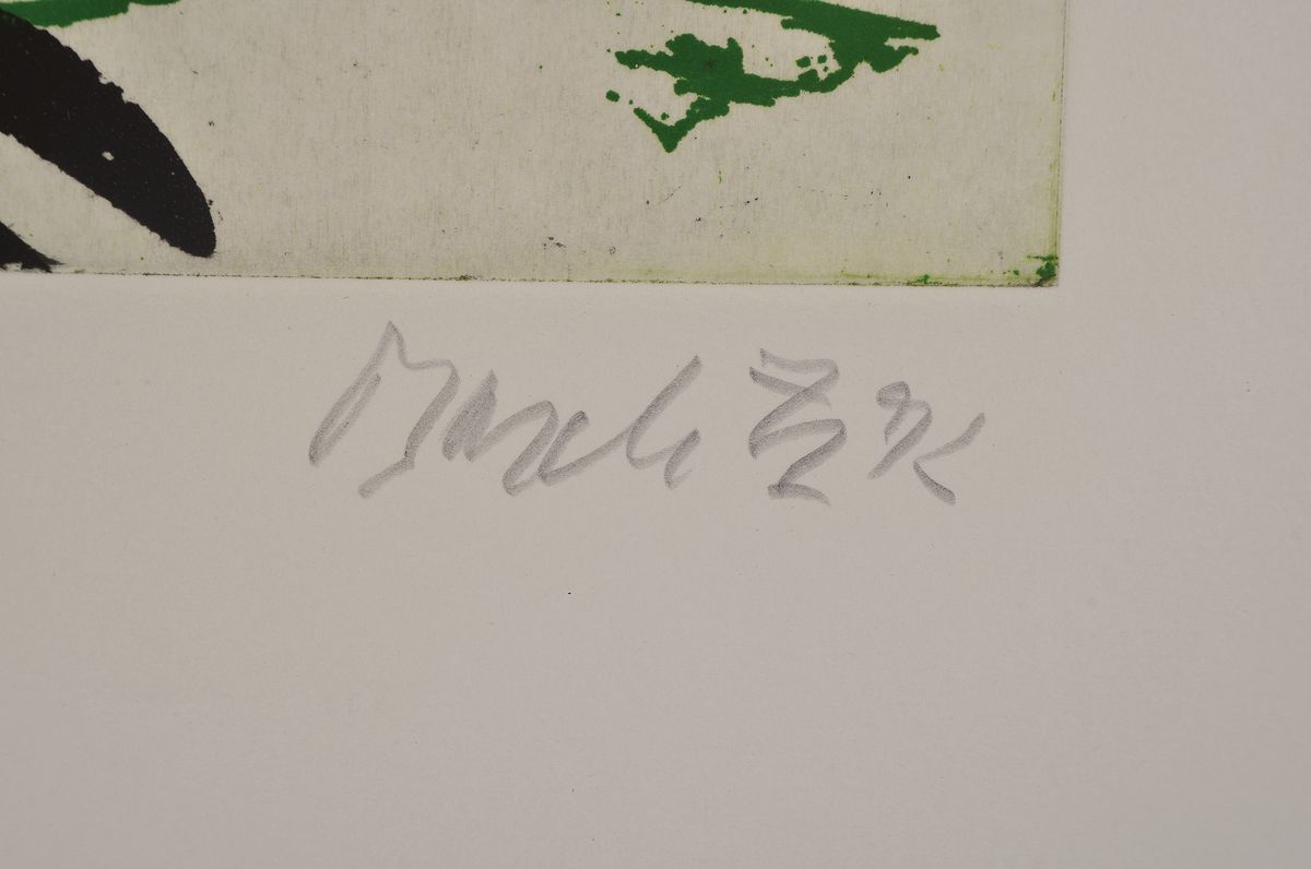 Detail l: Georg Baselitz, geb. 1938, Farbradierung auf Bütten, handsigniert, num. 11/30, Blattgröße 76 x 57.5 cm, Rahmen 90 x 72cm, aus 1992