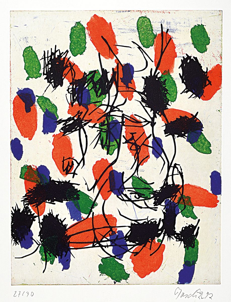 Georg Baselitz, geb. 1938, Farbradierung auf Bütten, handsigniert, num.27/30, Blattgröße 76 x 57.5 cm, Rahmen 90 x 72cm, aus 1992