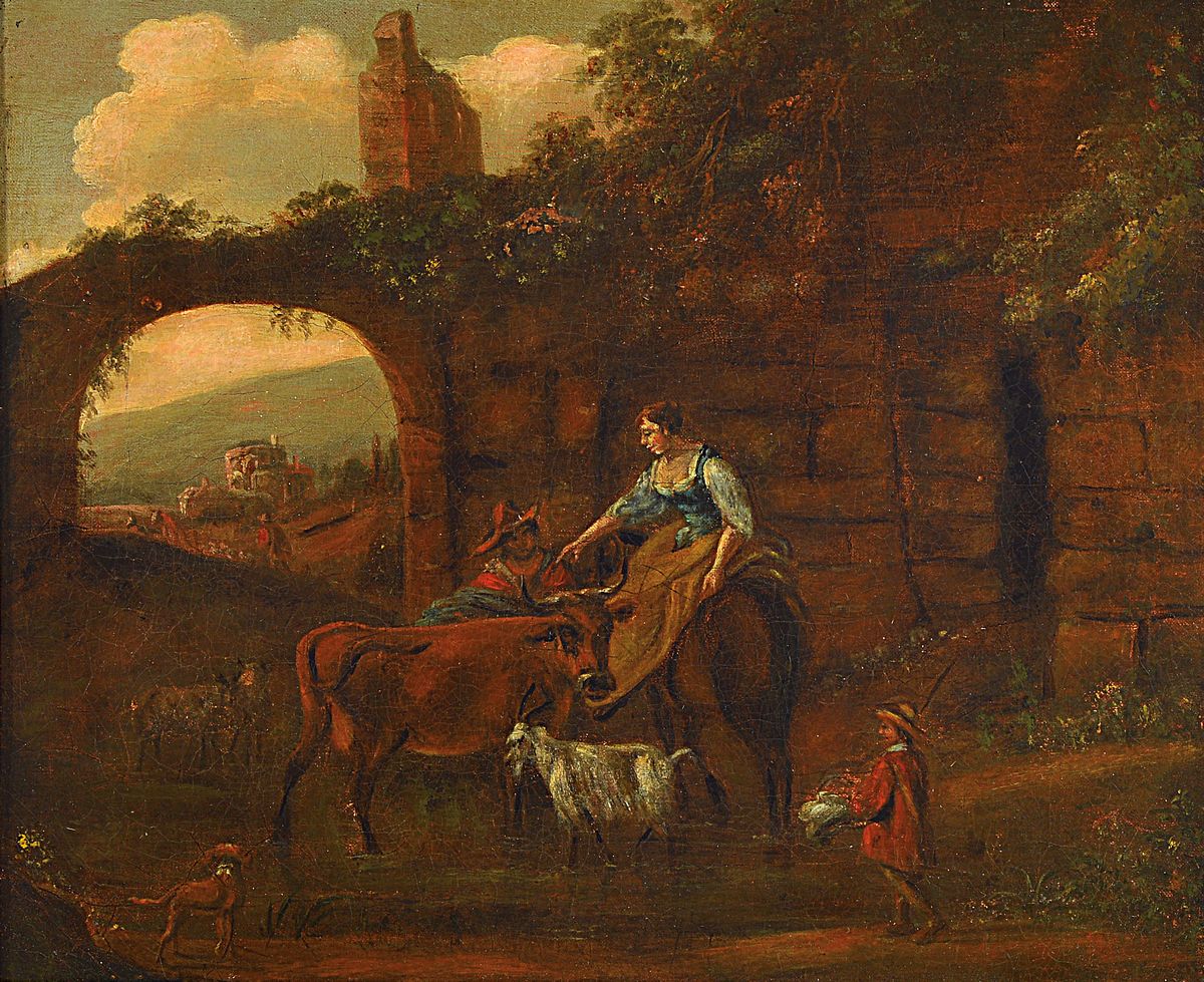 Unbekannter Künstler, Niederlande, um 1830-40, Paar mit Kuh und Ziege vor einer Ruine, Öl/Lwd, rest., ca. 37x42cm, R. ca. 47x54cm, Rahmen besch.