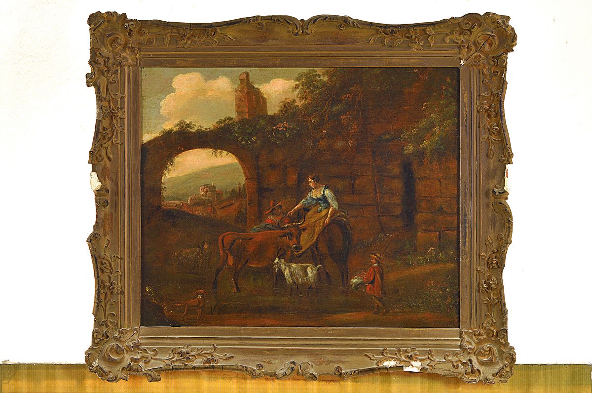 Detail k: Unbekannter Künstler, Niederlande, um 1830-40, Paar mit Kuh und Ziege vor einer Ruine, Öl/Lwd, rest., ca. 37x42cm, R. ca. 47x54cm, Rahmen besch.