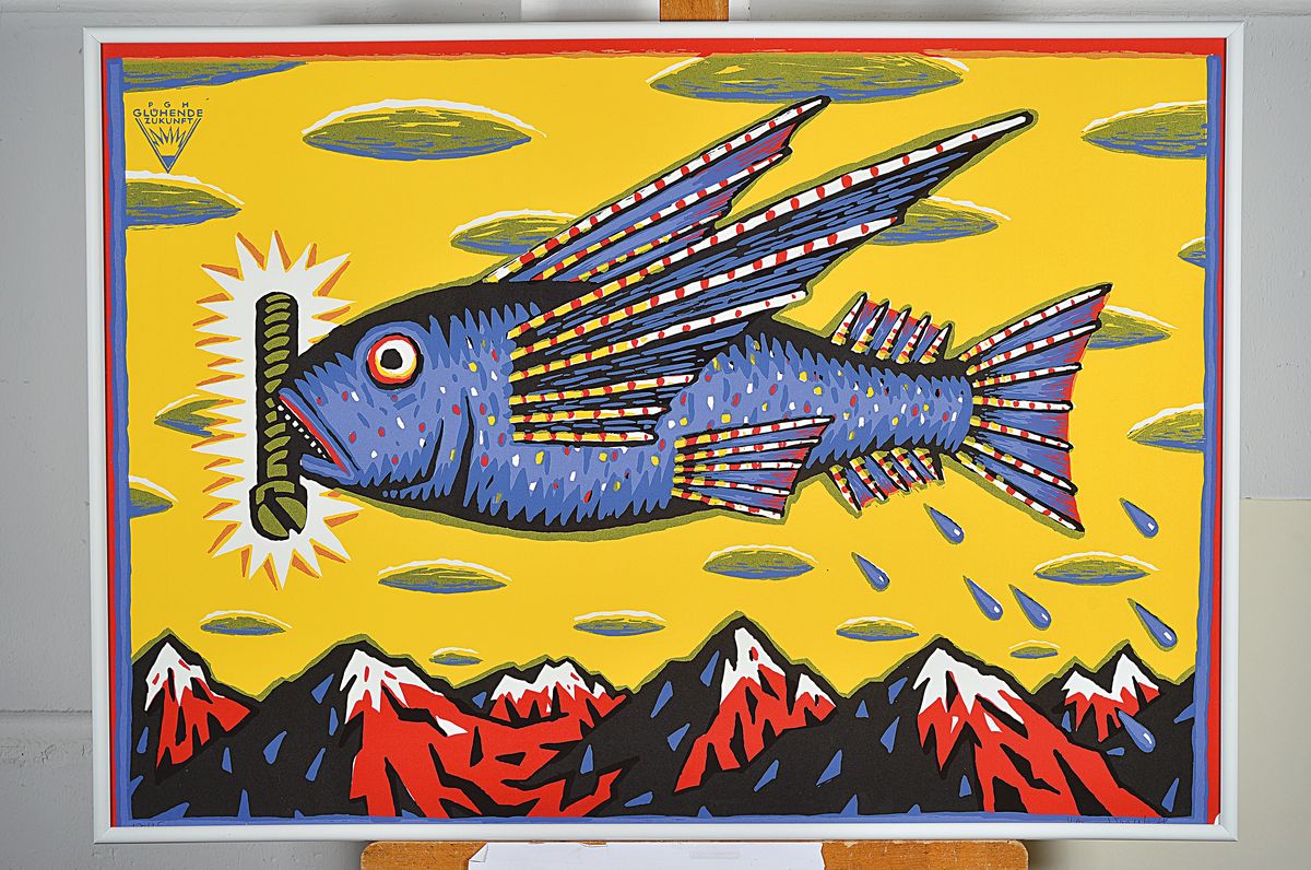 Detail k: Henning Wagenbreth, geb. 1962, glühende Zukunft, Farbserigraphie auf dickem Karton, handsigniert, 21/35, 59.4 x 84 cm, aus 1995