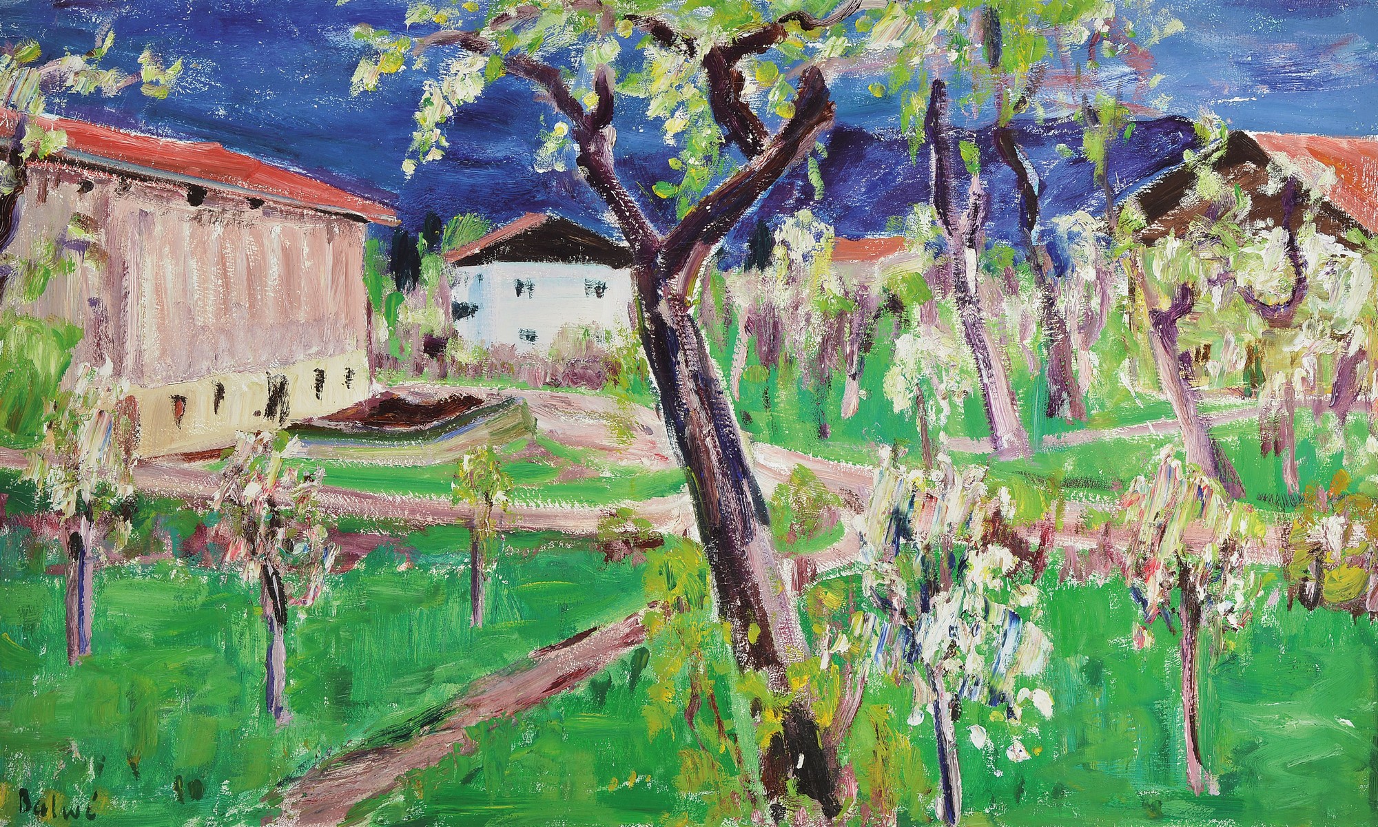 Arnold Balwé, 1898 Dresden-1983, süddeutsche Frühlingslandschaft mit blühenden Bäumen, verso signiert und bezeichnet Frühlingsgewitter in Grün ...