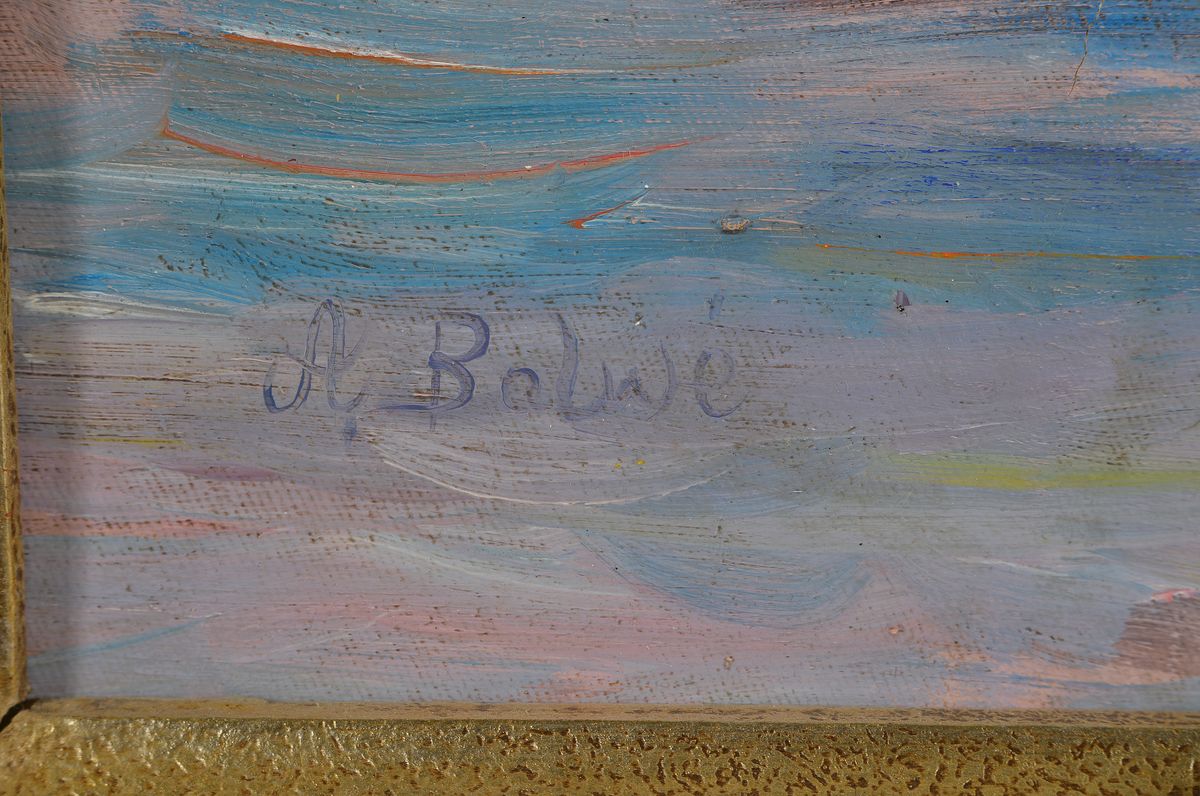 Detail a: Arnold Balwé, 1898 Dresden-1983 Feldwies am Chiemsee, Segelboote, Öl/Lwd, wohl um 1930, li. unten signiert, ca. 62 x 70 cm, leichte Krakeluren, 75 ...