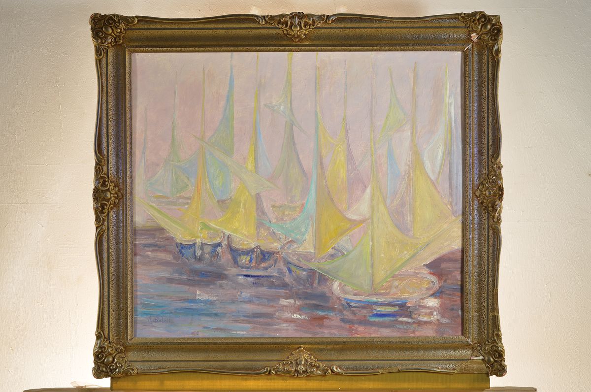 Detail k: Arnold Balwé, 1898 Dresden-1983 Feldwies am Chiemsee, Segelboote, Öl/Lwd, wohl um 1930, li. unten signiert, ca. 62 x 70 cm, leichte Krakeluren, 75 ...