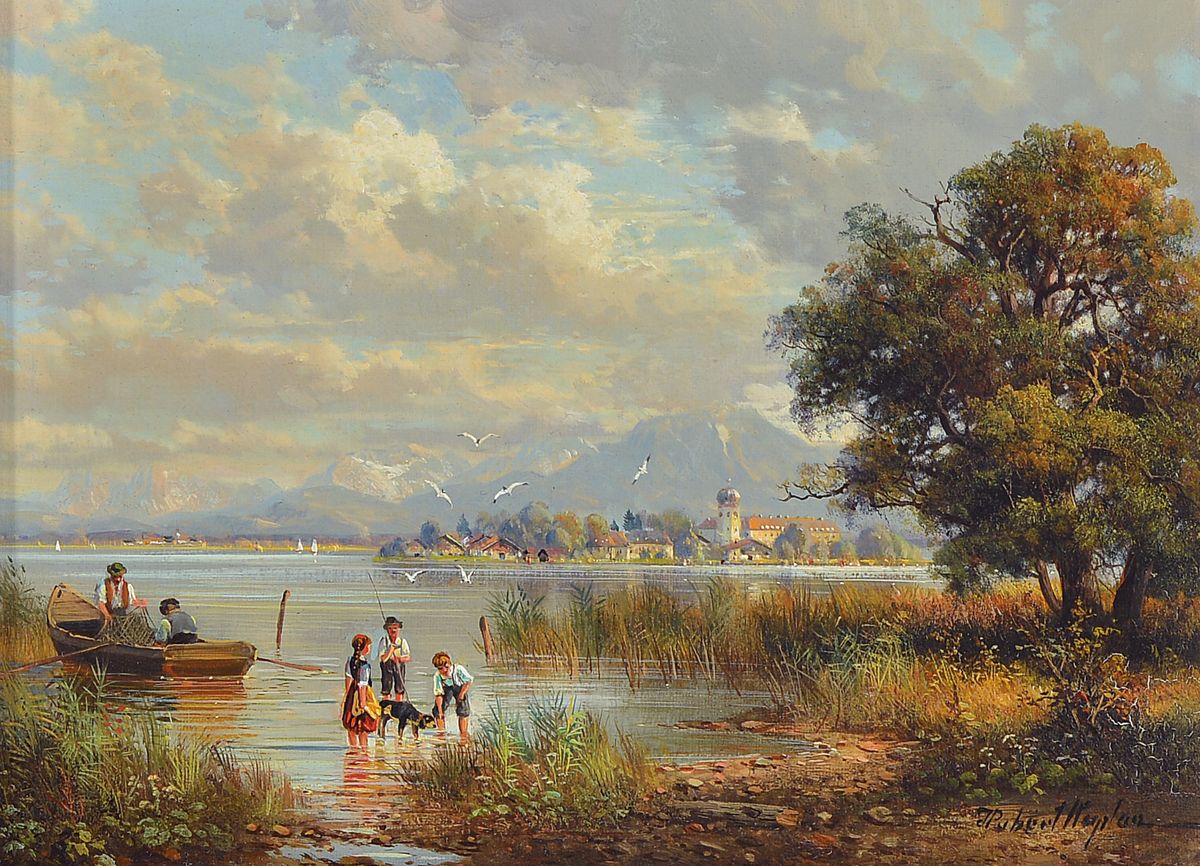 Hubert Kaplan, geb. 1940 München, Chiemseelandschaft mit spielenden Kindern und Fraueninsel im Hintergrund, sehr feine Miniaturmalerei, meisterliche ...