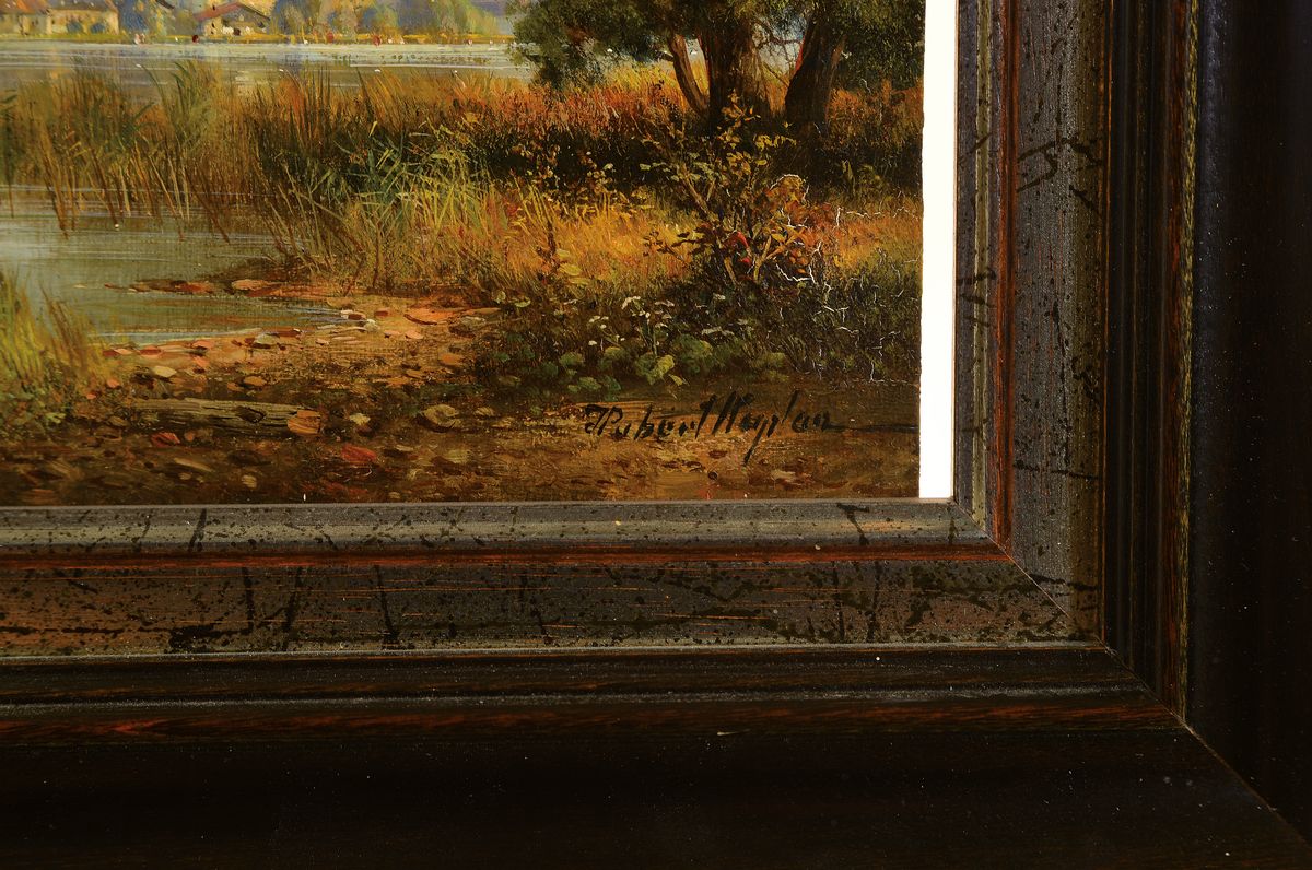 Detail a: Hubert Kaplan, geb. 1940 München, Chiemseelandschaft mit spielenden Kindern und Fraueninsel im Hintergrund, sehr feine Miniaturmalerei, meisterliche ...