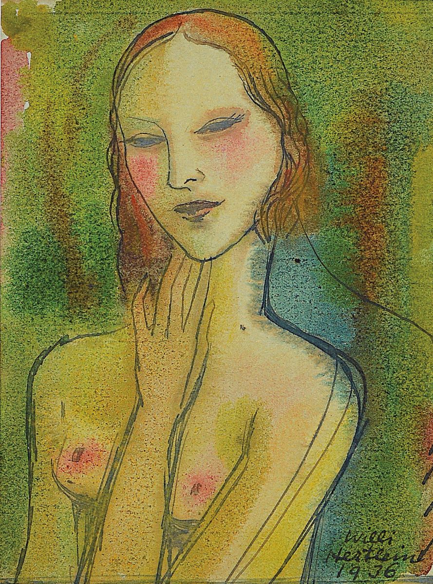 Willi Hertlein, 1908 - 1968, 1936 Porträt einer jungen Frau, Halbakt, Aquarell, sehr feine Zeichnung, mystische Farbgebung, signiert, 14.5 x 11 cm, ...