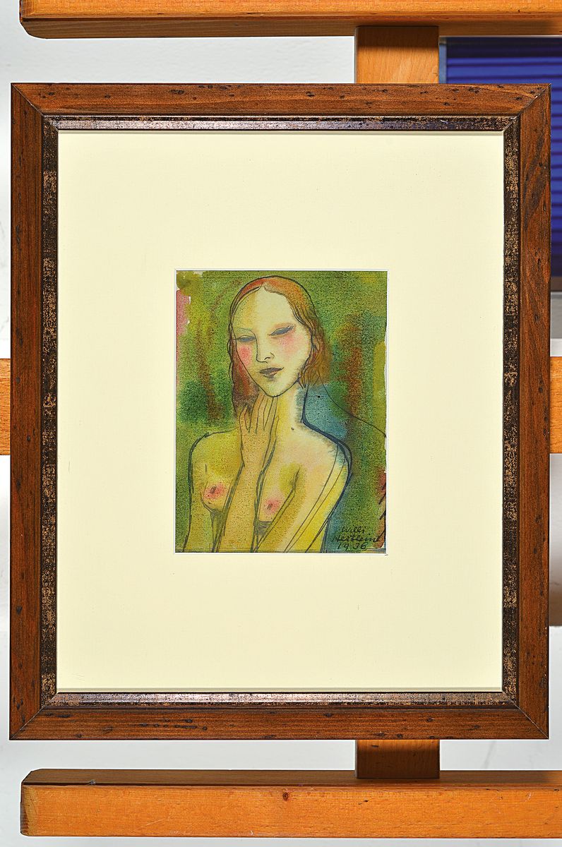 Detail k: Willi Hertlein, 1908 - 1968, 1936 Porträt einer jungen Frau, Halbakt, Aquarell, sehr feine Zeichnung, mystische Farbgebung, signiert, 14.5 x 11 cm, ...