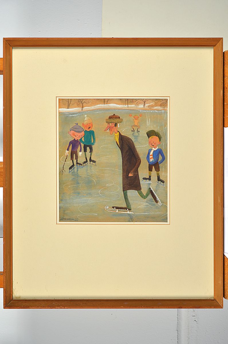 Detail k: Willi Hertlein, 1908 - 1968, Karikatur, Schlittschuhläufer, Aquarell, signiert und dat. 33, 24.5 x 21.8 cm, Rahmen 53.3 x 43.3 cm