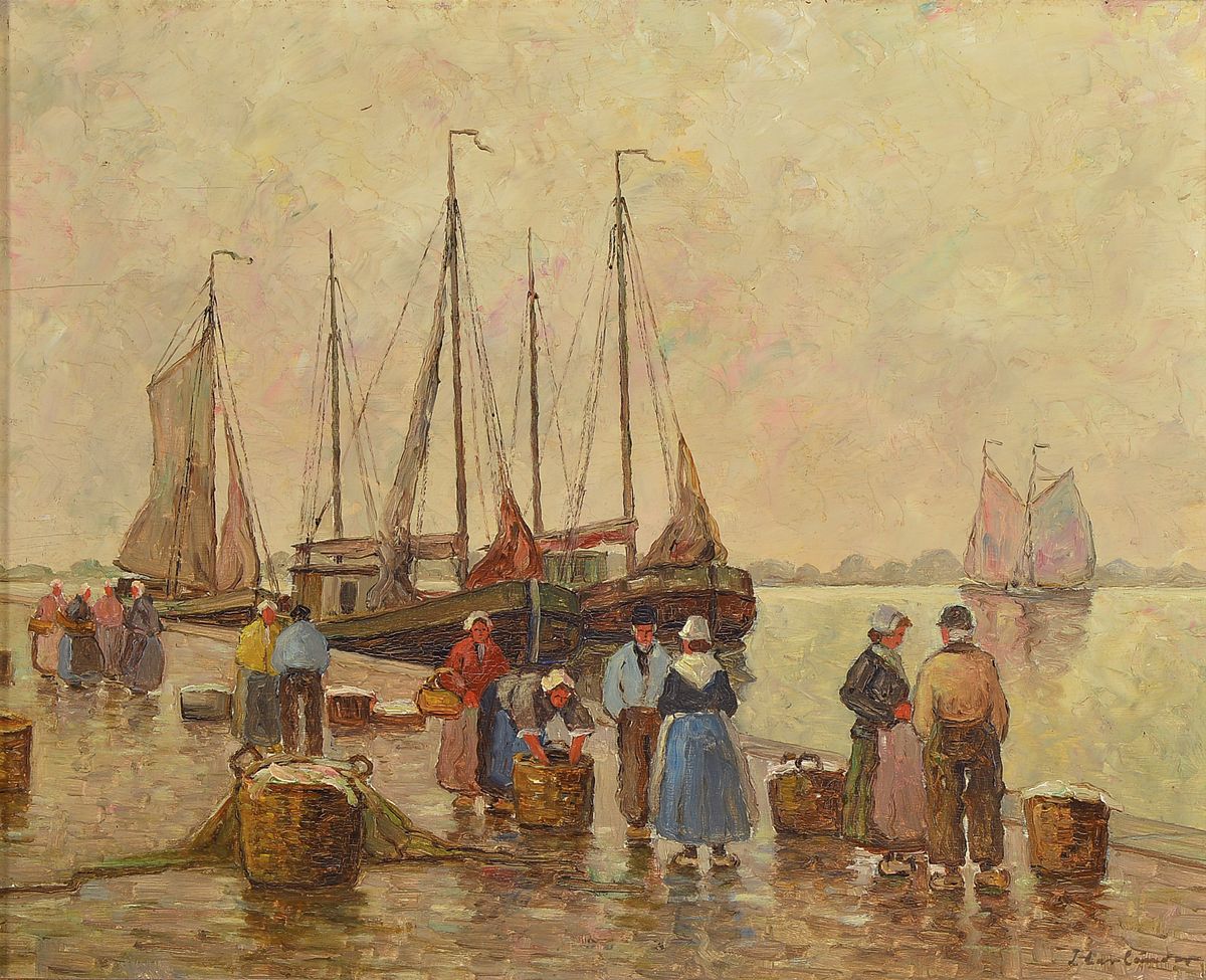 Hans Harländer, 1904 Hamburg-1974, Frauen warten am Kai auf die Heimkehr der Fischer, Öl/Holz, rechts unten signiert, ca. 40x50cm, R. ca. 59x69cm