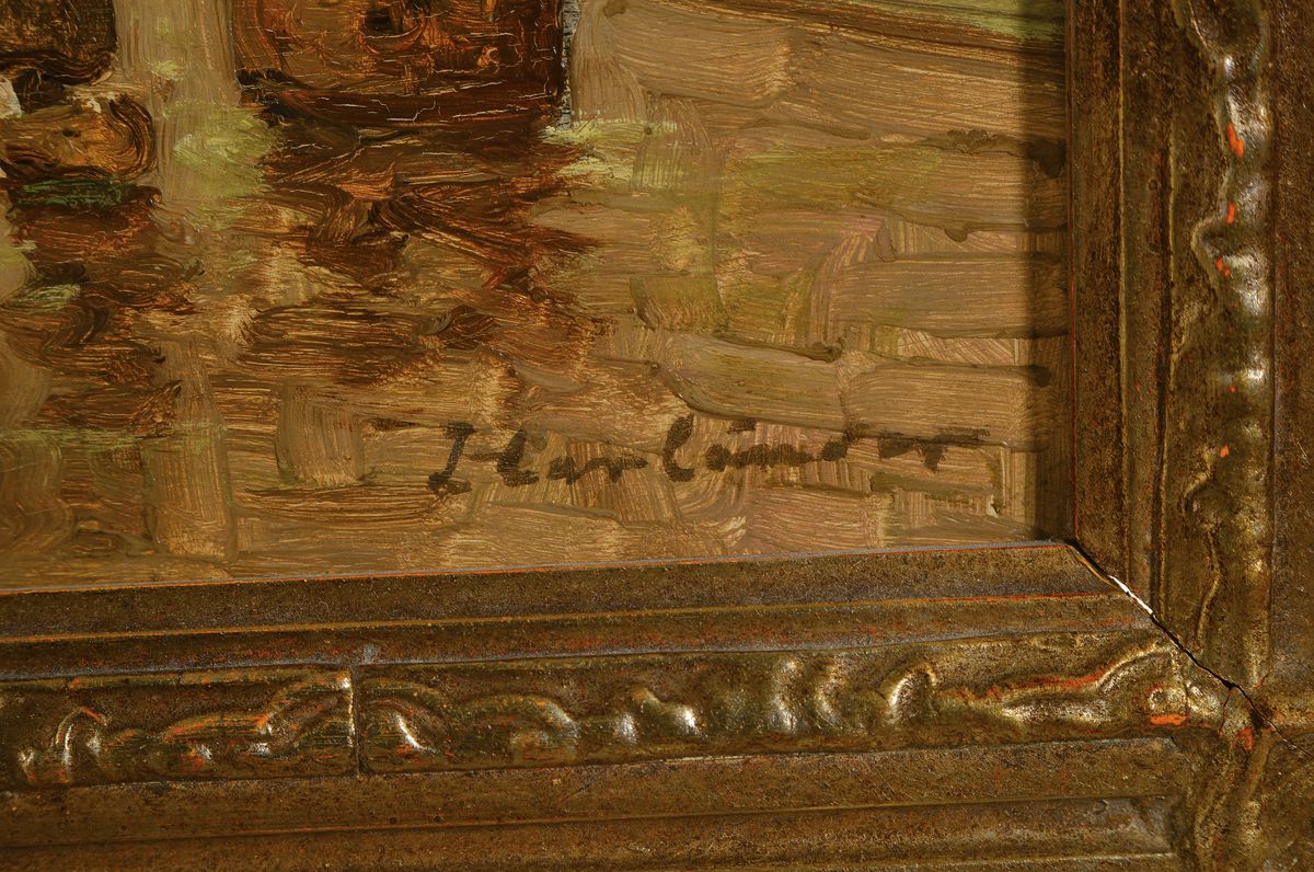 Detail a: Hans Harländer, 1904 Hamburg-1974, Frauen warten am Kai auf die Heimkehr der Fischer, Öl/Holz, rechts unten signiert, ca. 40x50cm, R. ca. 59x69cm