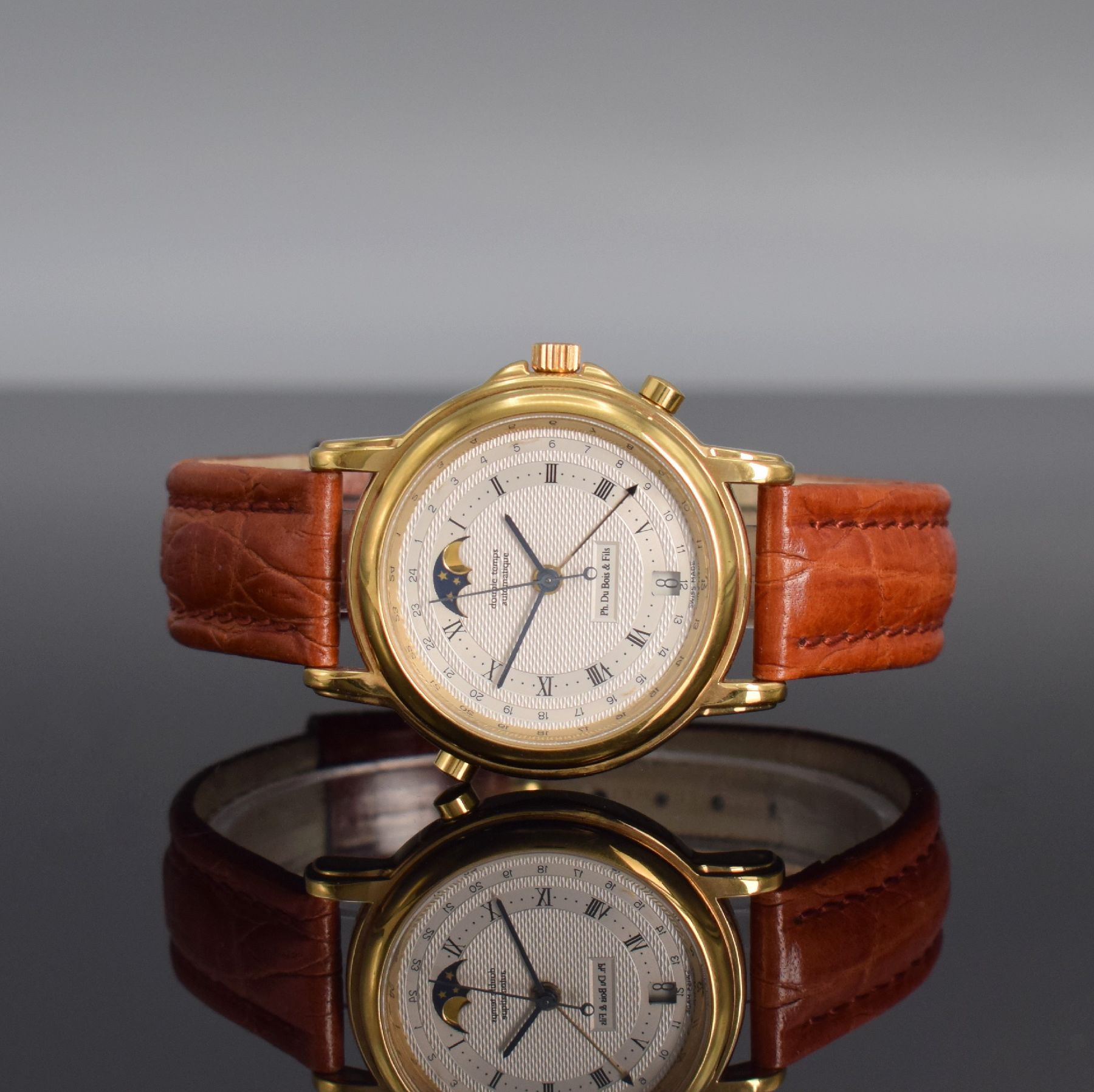 DU BOIS & FILS "Double Temps" vergoldete Jubiläums-Armbanduhr, Schweiz um 1992, Automatik, Edelstahlboden aufgedr., vers. ...
