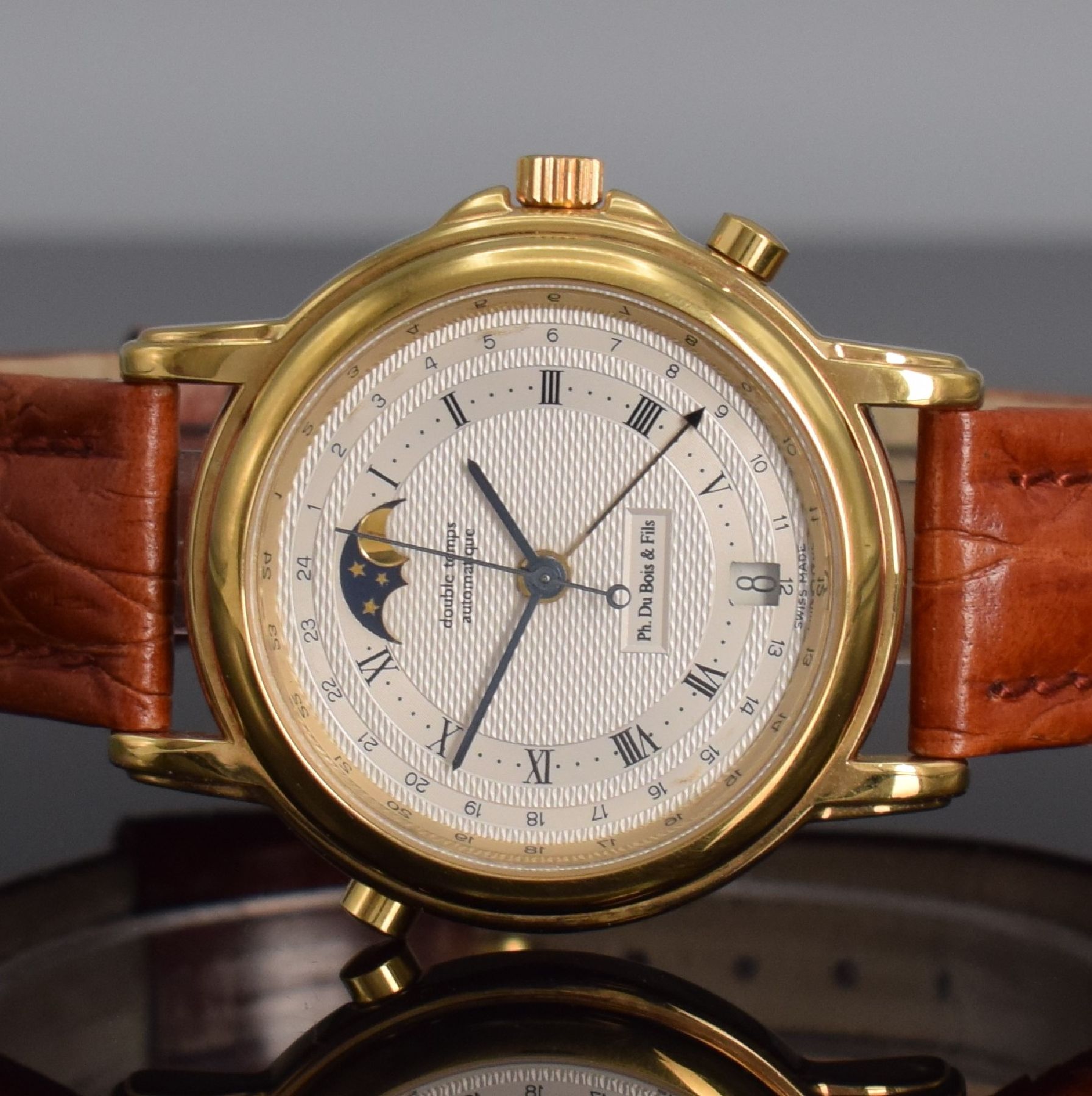 Detail a: DU BOIS & FILS "Double Temps" vergoldete Jubiläums-Armbanduhr, Schweiz um 1992, Automatik, Edelstahlboden aufgedr., vers. ...
