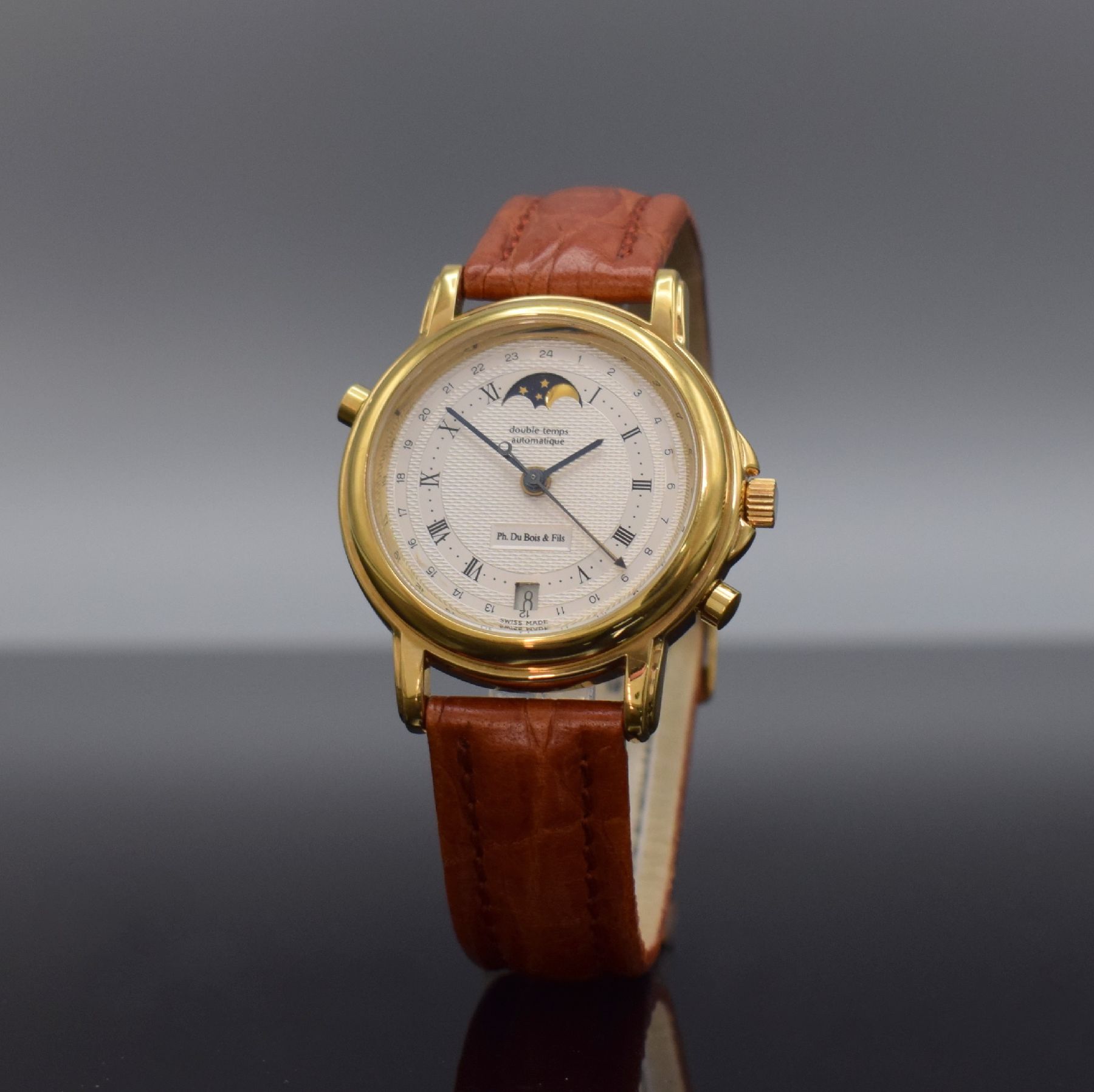 Detail b: DU BOIS & FILS "Double Temps" vergoldete Jubiläums-Armbanduhr, Schweiz um 1992, Automatik, Edelstahlboden aufgedr., vers. ...
