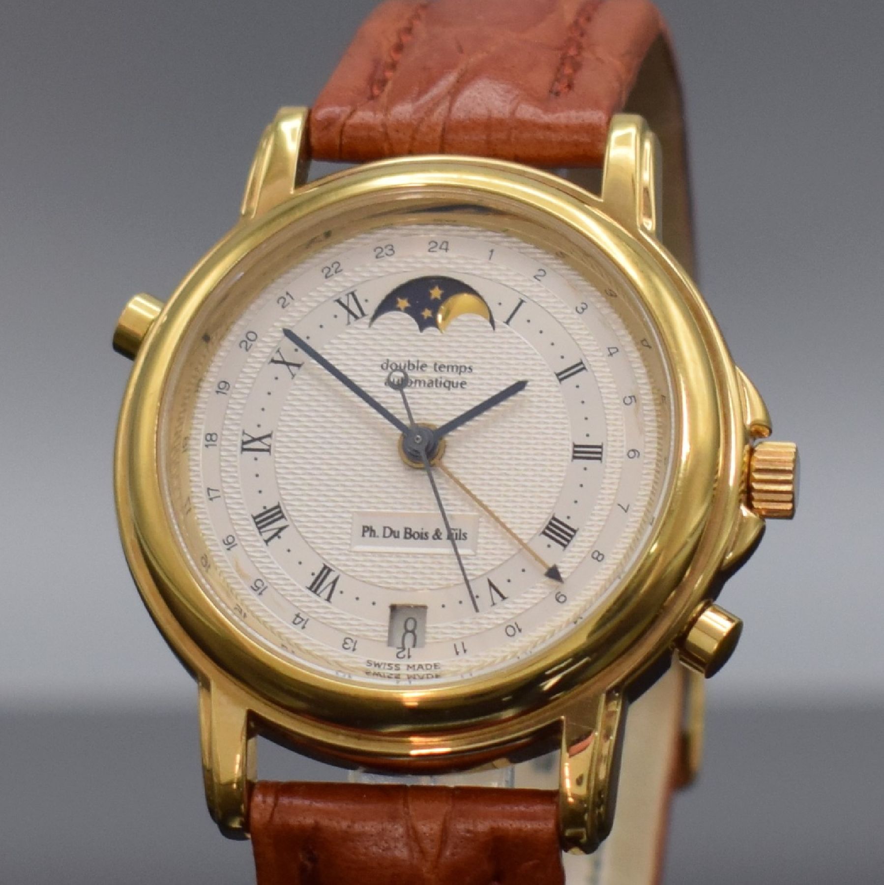 Detail c: DU BOIS & FILS "Double Temps" vergoldete Jubiläums-Armbanduhr, Schweiz um 1992, Automatik, Edelstahlboden aufgedr., vers. ...