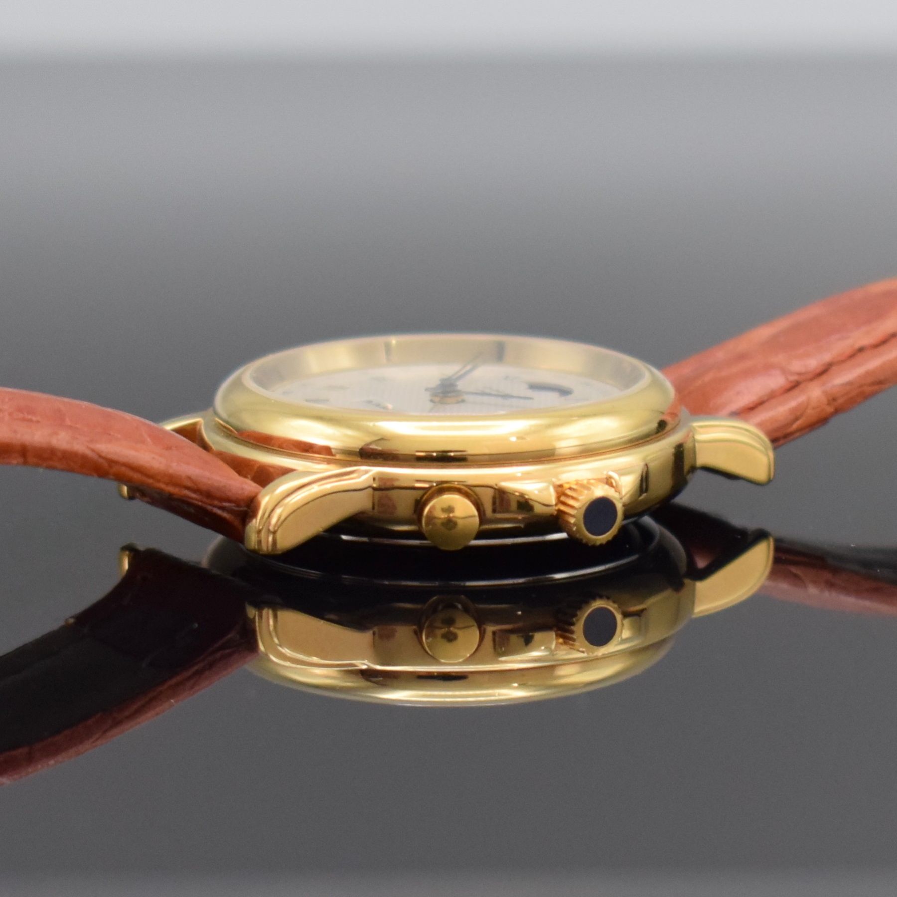 Detail d: DU BOIS & FILS "Double Temps" vergoldete Jubiläums-Armbanduhr, Schweiz um 1992, Automatik, Edelstahlboden aufgedr., vers. ...