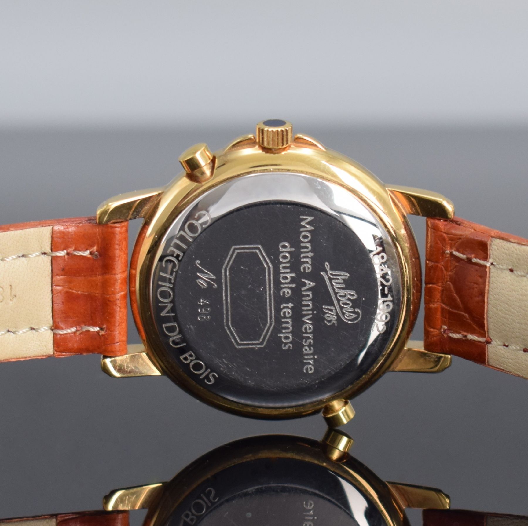 Detail f: DU BOIS & FILS "Double Temps" vergoldete Jubiläums-Armbanduhr, Schweiz um 1992, Automatik, Edelstahlboden aufgedr., vers. ...