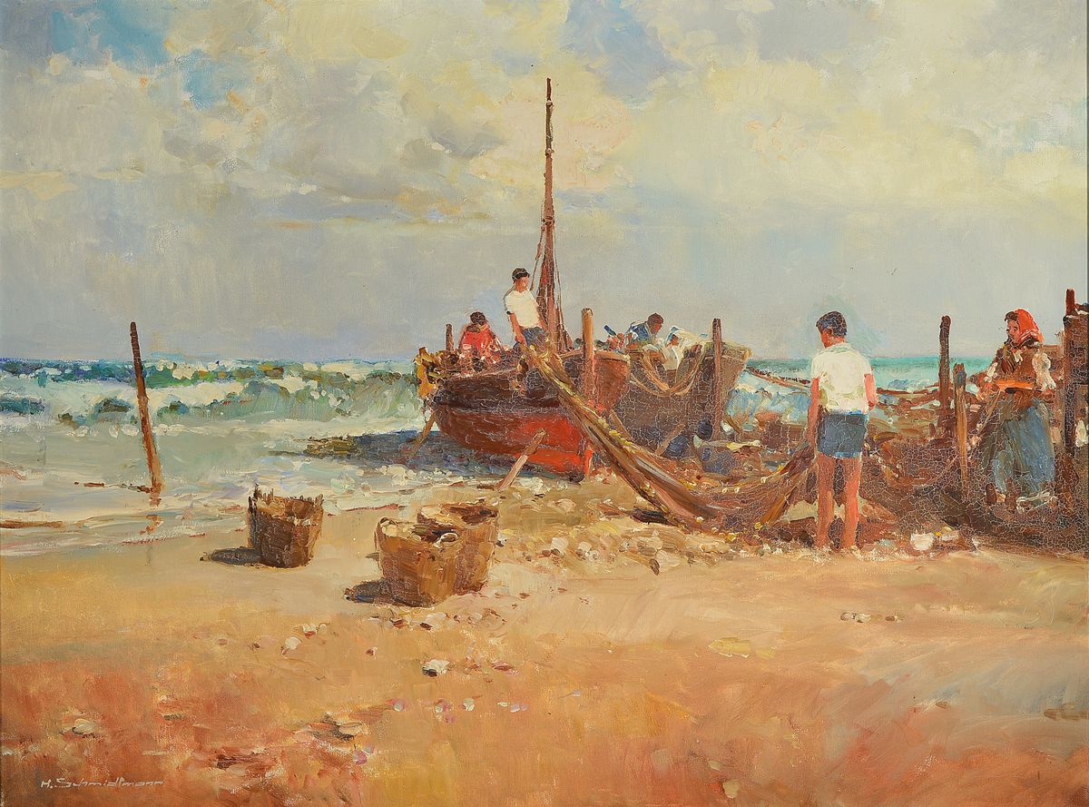 Hermann Schmidtmann, 1896-1971, Die Heimkehr der Fischer am Strand, Öl/Lwd, links unten signiert, ca. 60x80cm, R. ca. 76x96cm