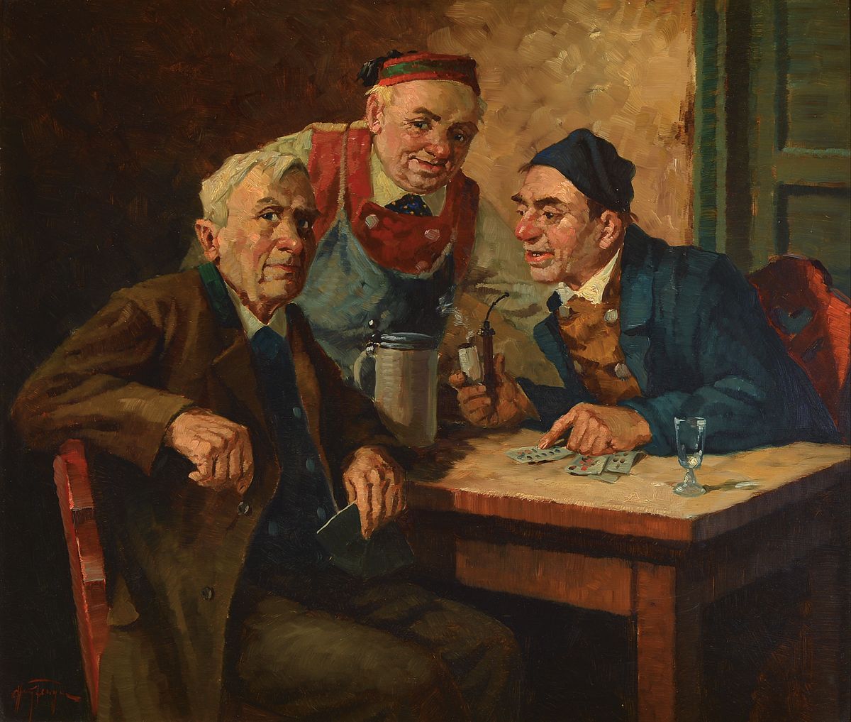 Hans Feger, 1900-1980 Hamburg, drei Männer beim Kartenspiel, Öl/Hartfaser, links unten signiert, ca. 60x70cm, R. ca. 75x95cm