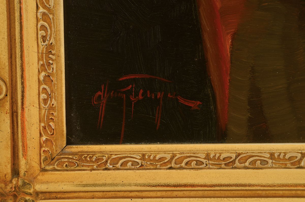 Detail a: Hans Feger, 1900-1980 Hamburg, drei Männer beim Kartenspiel, Öl/Hartfaser, links unten signiert, ca. 60x70cm, R. ca. 75x95cm
