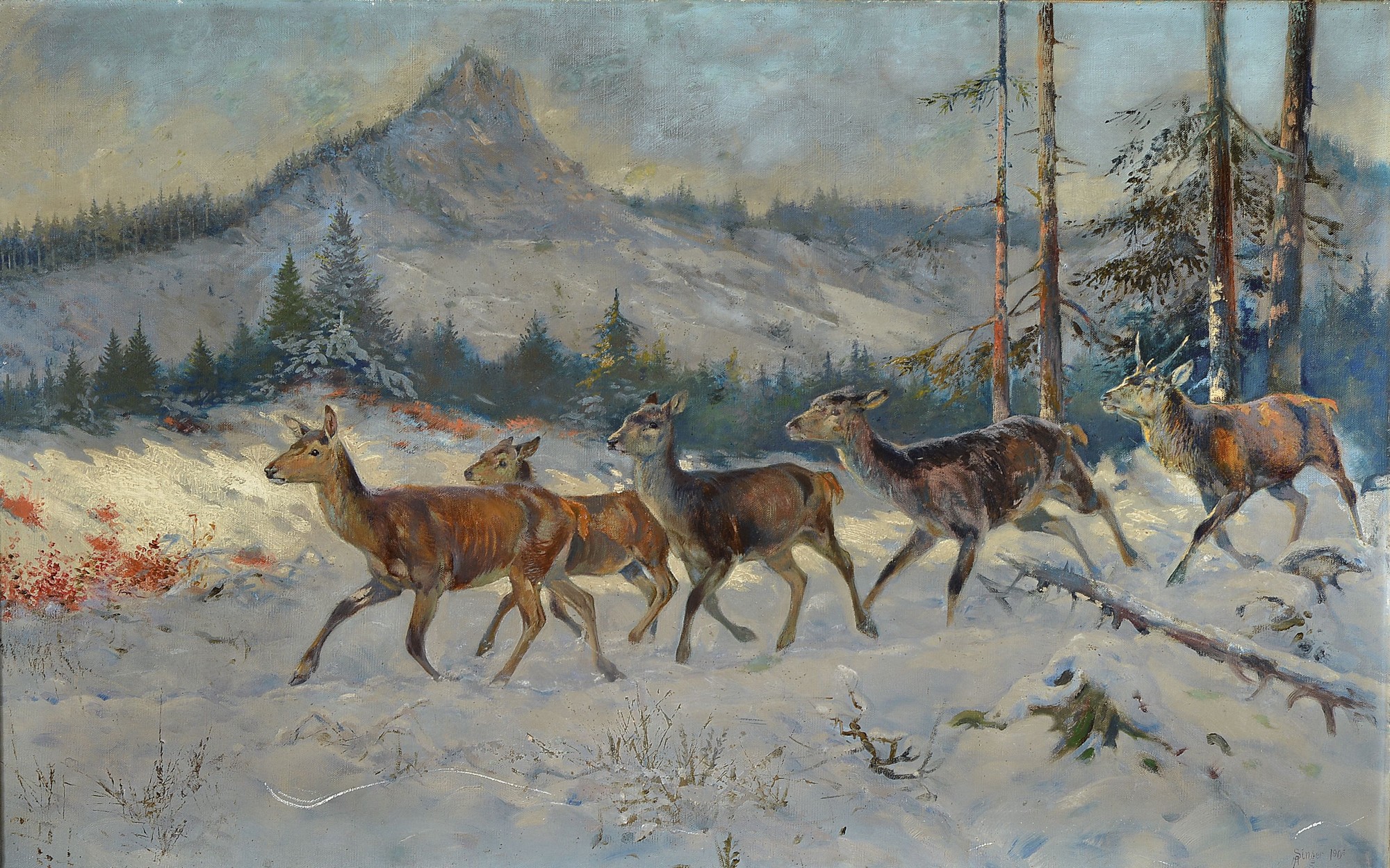 Albert Singer, 1869-1922, Rehe in verschneiter Winterlandschaft, Öl/Lwd, rechts unten signiert A. Singer 1906 Schliersee, leichte ...