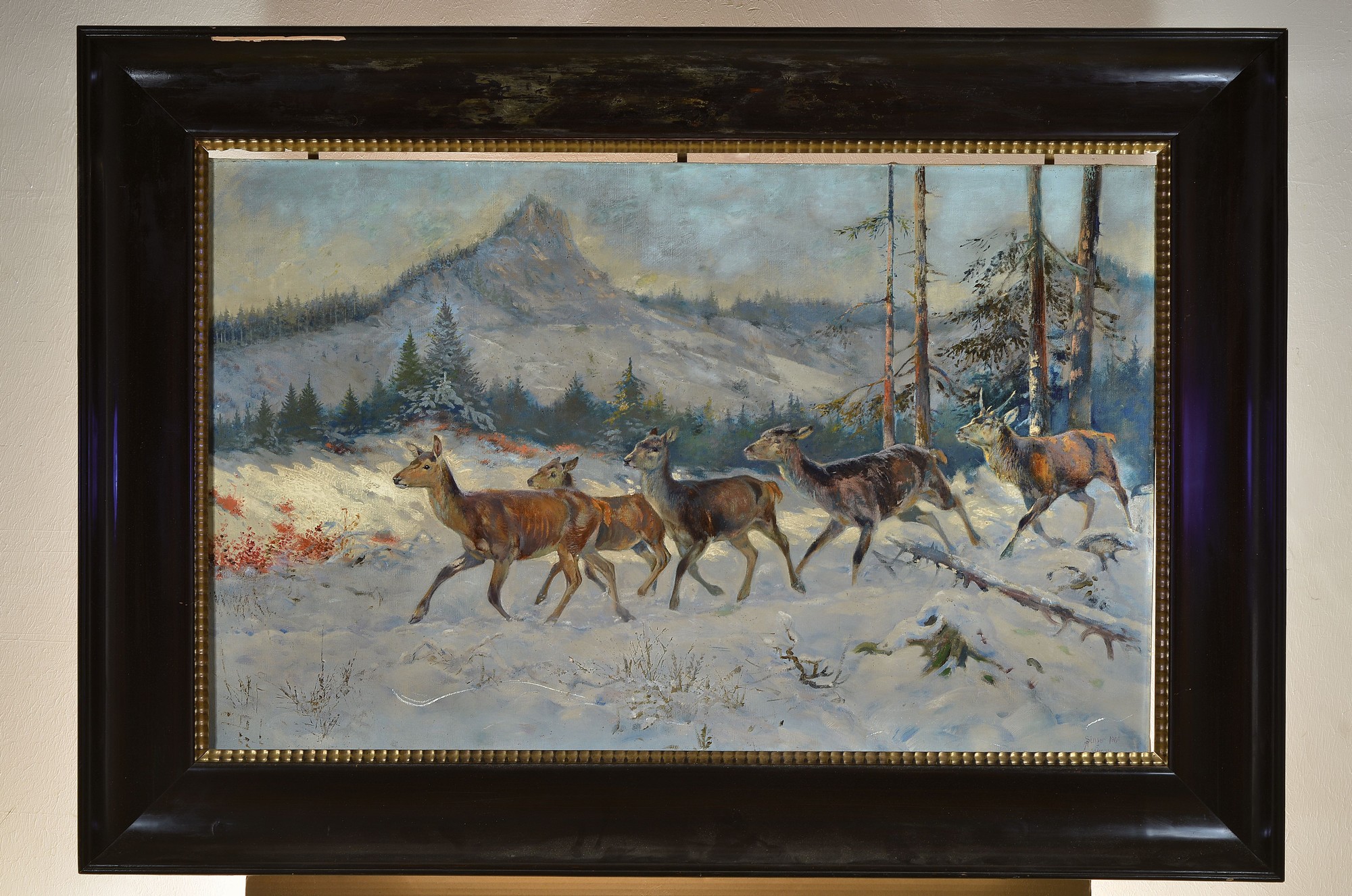 Detail k: Albert Singer, 1869-1922, Rehe in verschneiter Winterlandschaft, Öl/Lwd, rechts unten signiert A. Singer 1906 Schliersee, leichte ...