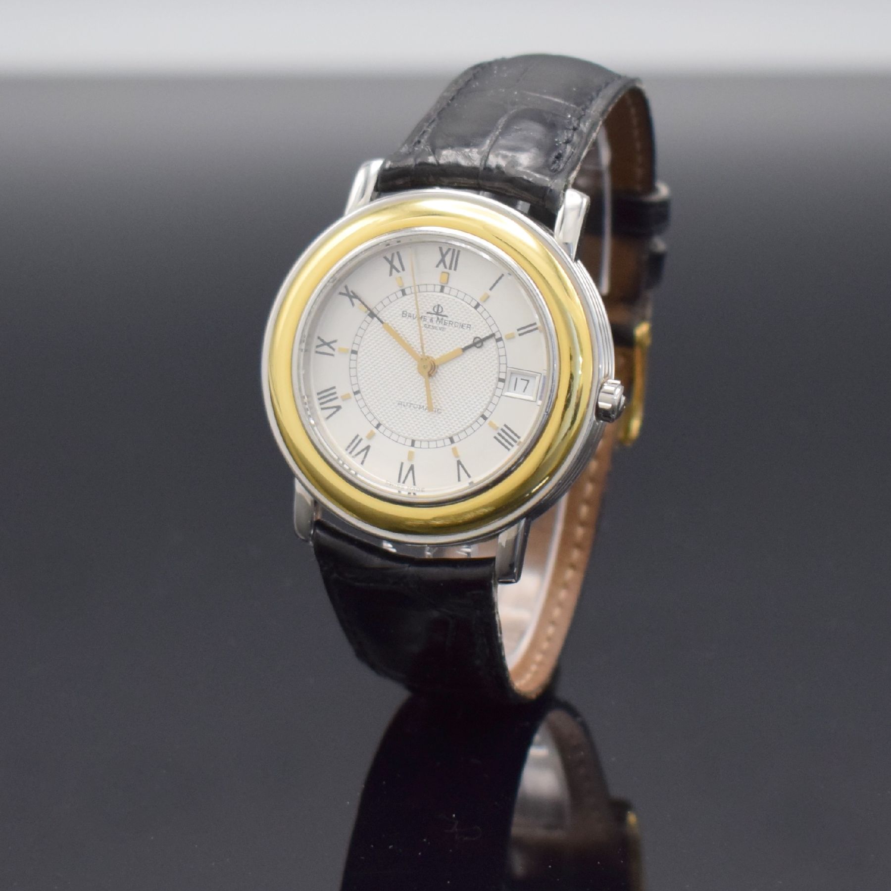 Detail b: BAUME & MERCIER Fleetwood Herrenarmbanduhr in Edelstahl/Gold, Schweiz um 1995, Automatik, Ref. 3137.018, Boden 6-fach verschr. 2x Schr. fehl., ...