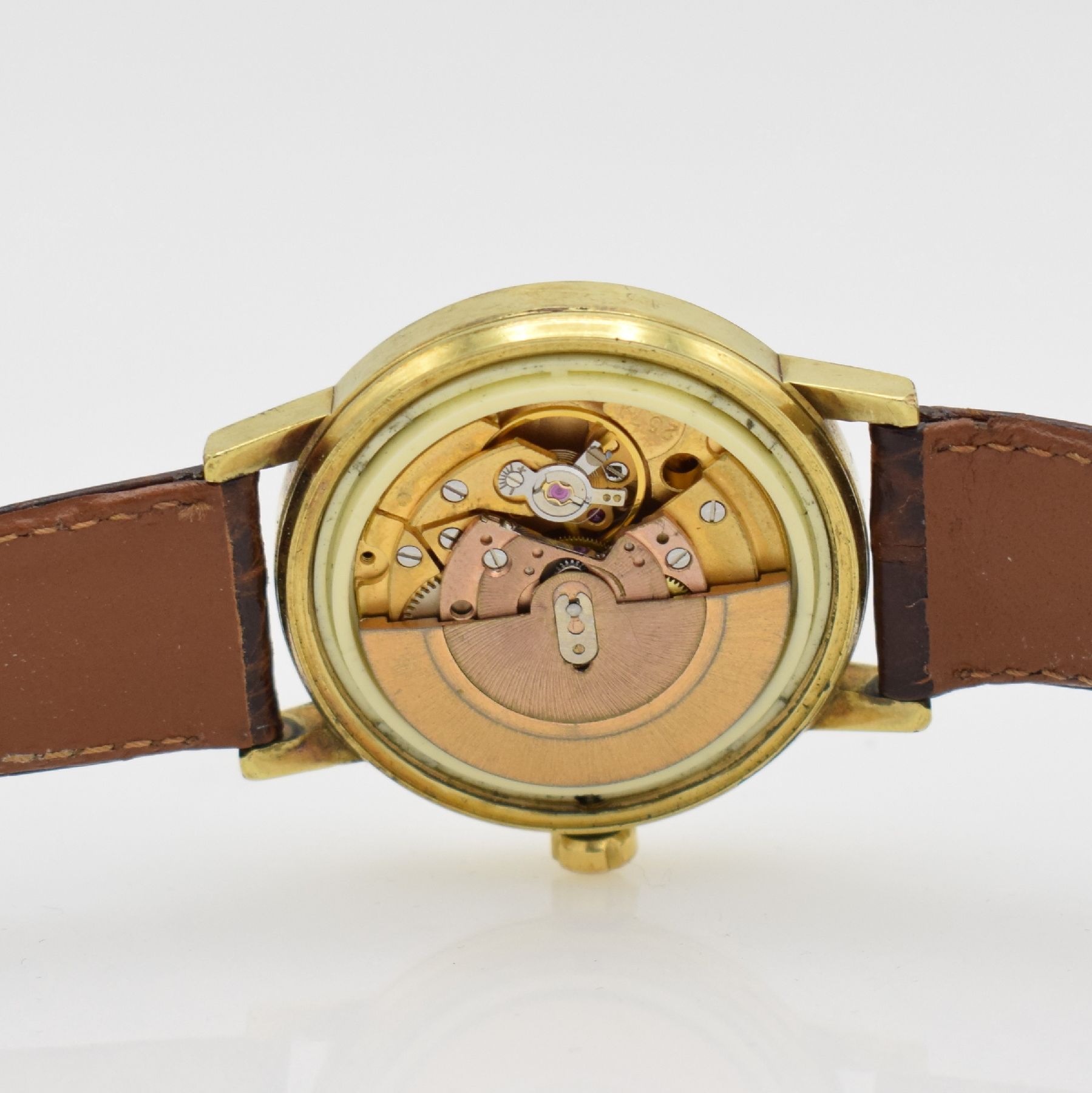 Detail h: OMEGA Geneve Herrenarmbanduhr, Schweiz um 1973, Automatik, Ref. 1660098, verg. Gehäuse, Edelstahlboden geschr., orig. Lederband m. orig. Dornschl., ...