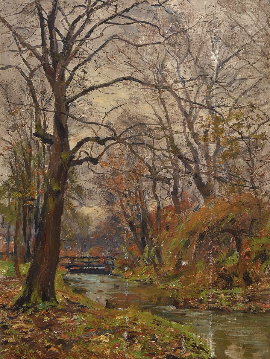 Otto Schulz-Stradtmann, 1892-1960 Hamburg, Herbstliche Landschaft mit Bachlauf und Brücke, Öl/Lwd, links unten signiert und bez. Mchn, ca. 80x60cm, ...