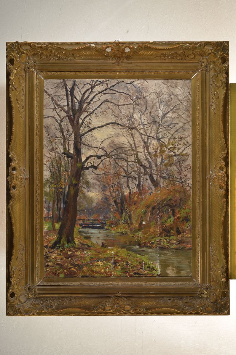 Detail k: Otto Schulz-Stradtmann, 1892-1960 Hamburg, Herbstliche Landschaft mit Bachlauf und Brücke, Öl/Lwd, links unten signiert und bez. Mchn, ca. 80x60cm, ...