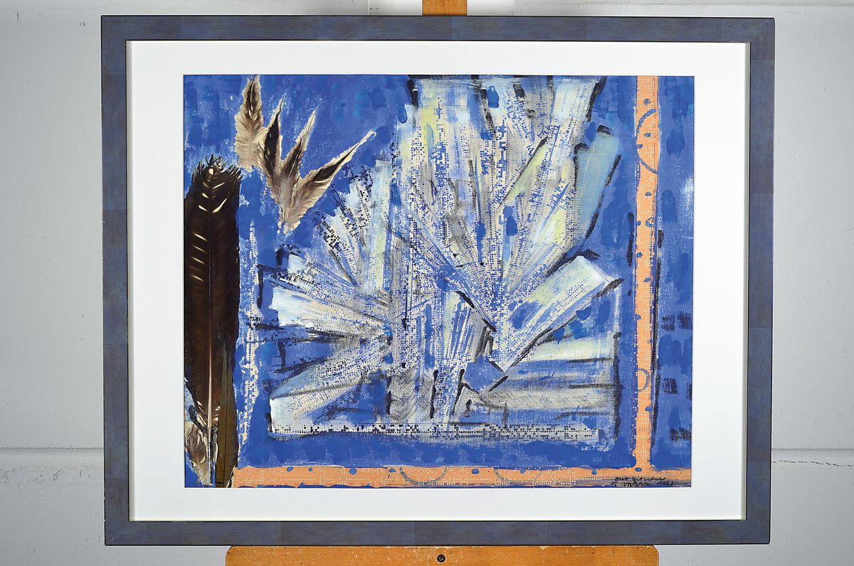 Detail k: Otto Ditscher, 1903 Neuhofen-1987, Abstrakte Komposition, Mischtechnik auf Lwd, collagiert mit gelochtem Papier und Vogelfedern, signiert und dat. ...