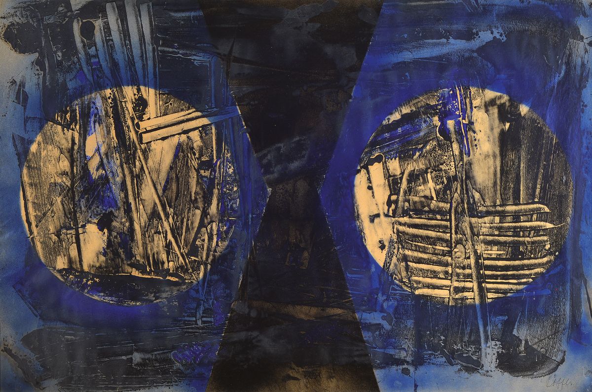 Paul Löffler, 1938-1995 Mannheim, Abstrakte Komposition, Mischtechnik aus Tusche und Gouache, rechts unten signiert, ca. 63x95cm, u.Gl., R. ca. ...