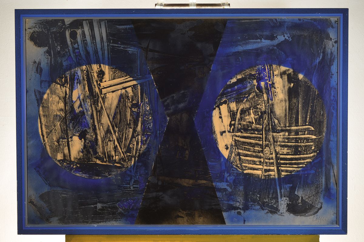 Detail k: Paul Löffler, 1938-1995 Mannheim, Abstrakte Komposition, Mischtechnik aus Tusche und Gouache, rechts unten signiert, ca. 63x95cm, u.Gl., R. ca. ...