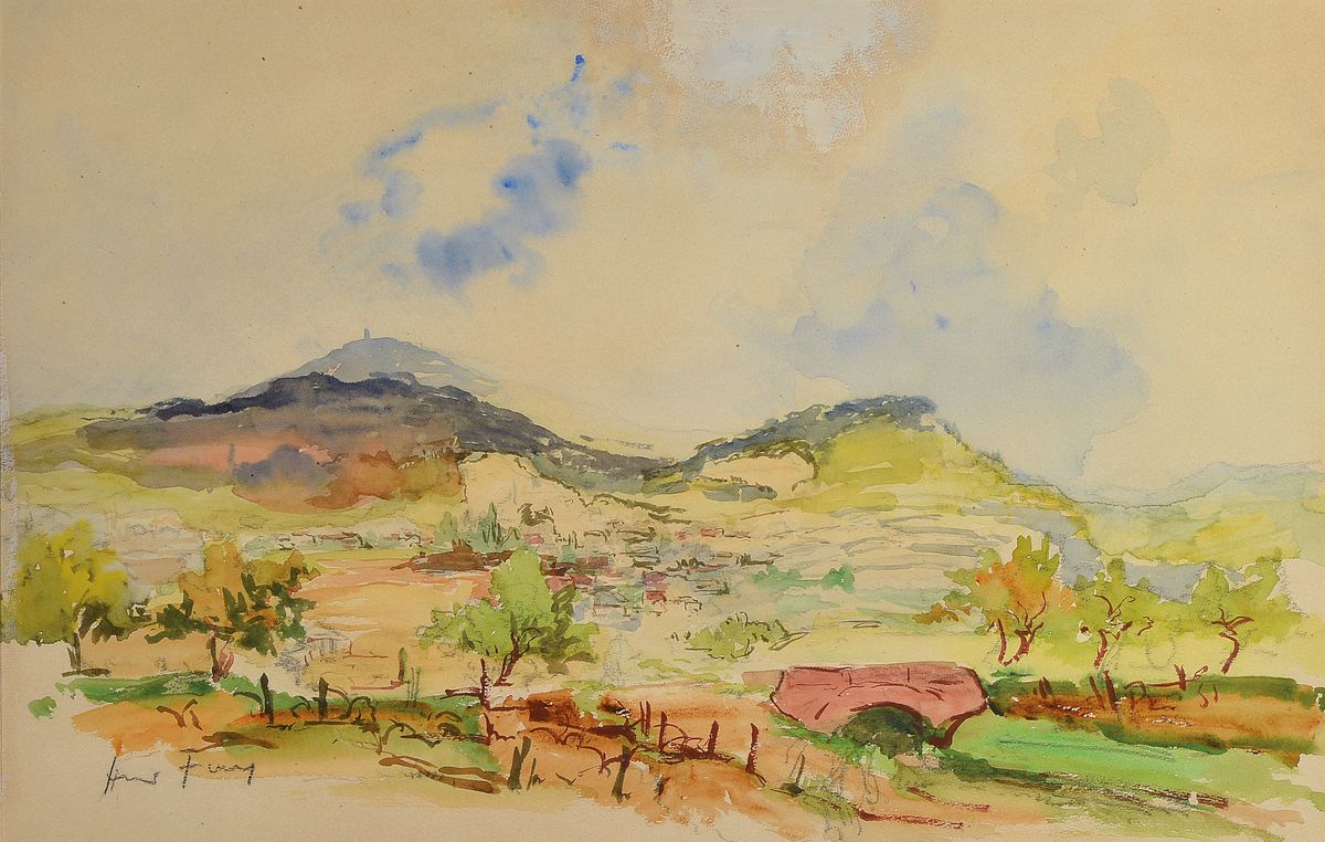 Hanns Fay, 1888 Frankenthal-1957 Neustadt, Landschaft am Haardtrand, Aquarell auf Papier, links unten signiert, ca. 37x57cm, PP, u.Gl.,R. ca. 58x78cm