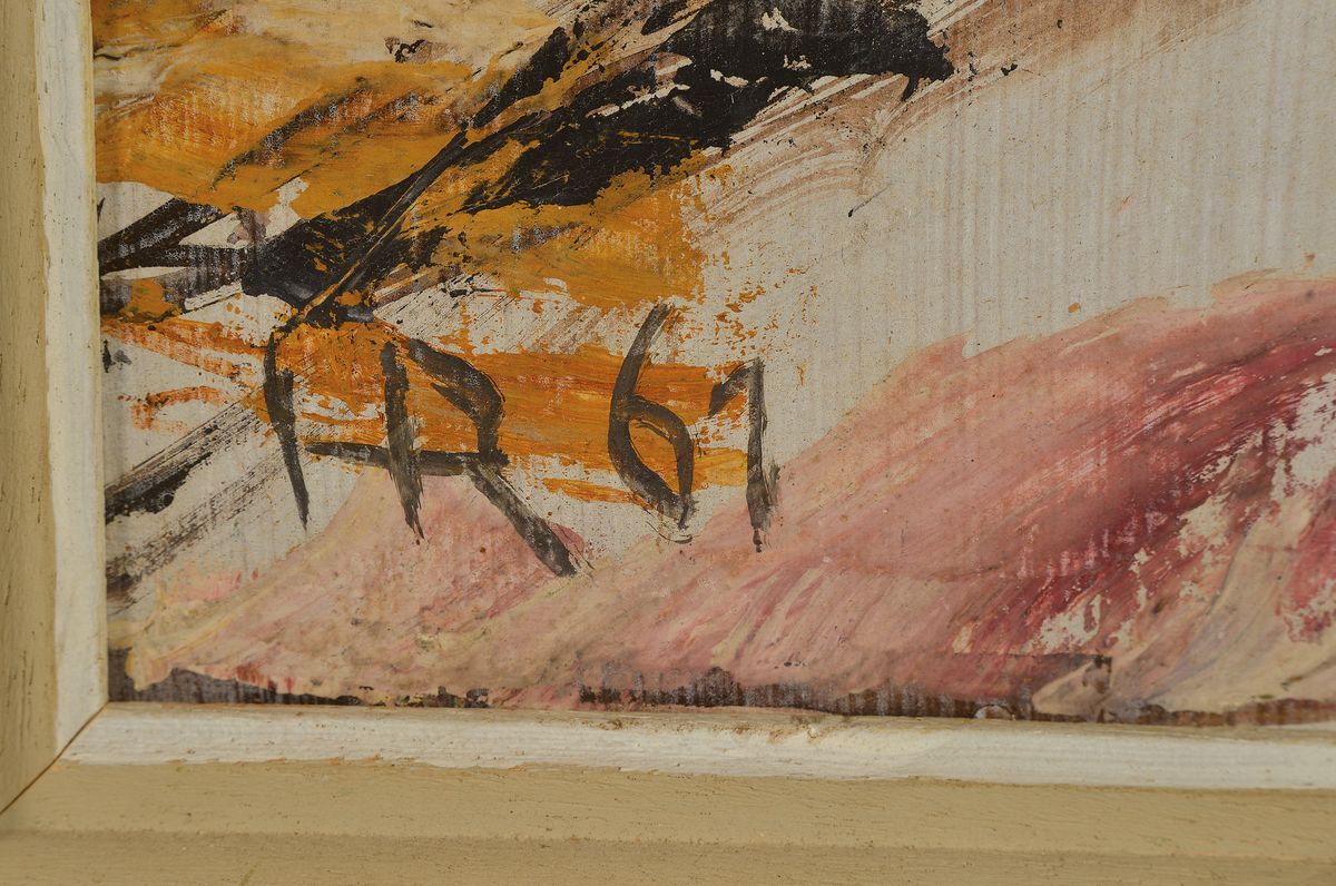Detail a: Heinz Reiss, 1923-2008 Haßloch, Schüler von Philipp Steinmetz, Mitglied der Künstlergruppe worbs, hier: Ansicht aus Neustadt, Öl/Hartfaser, links ...
