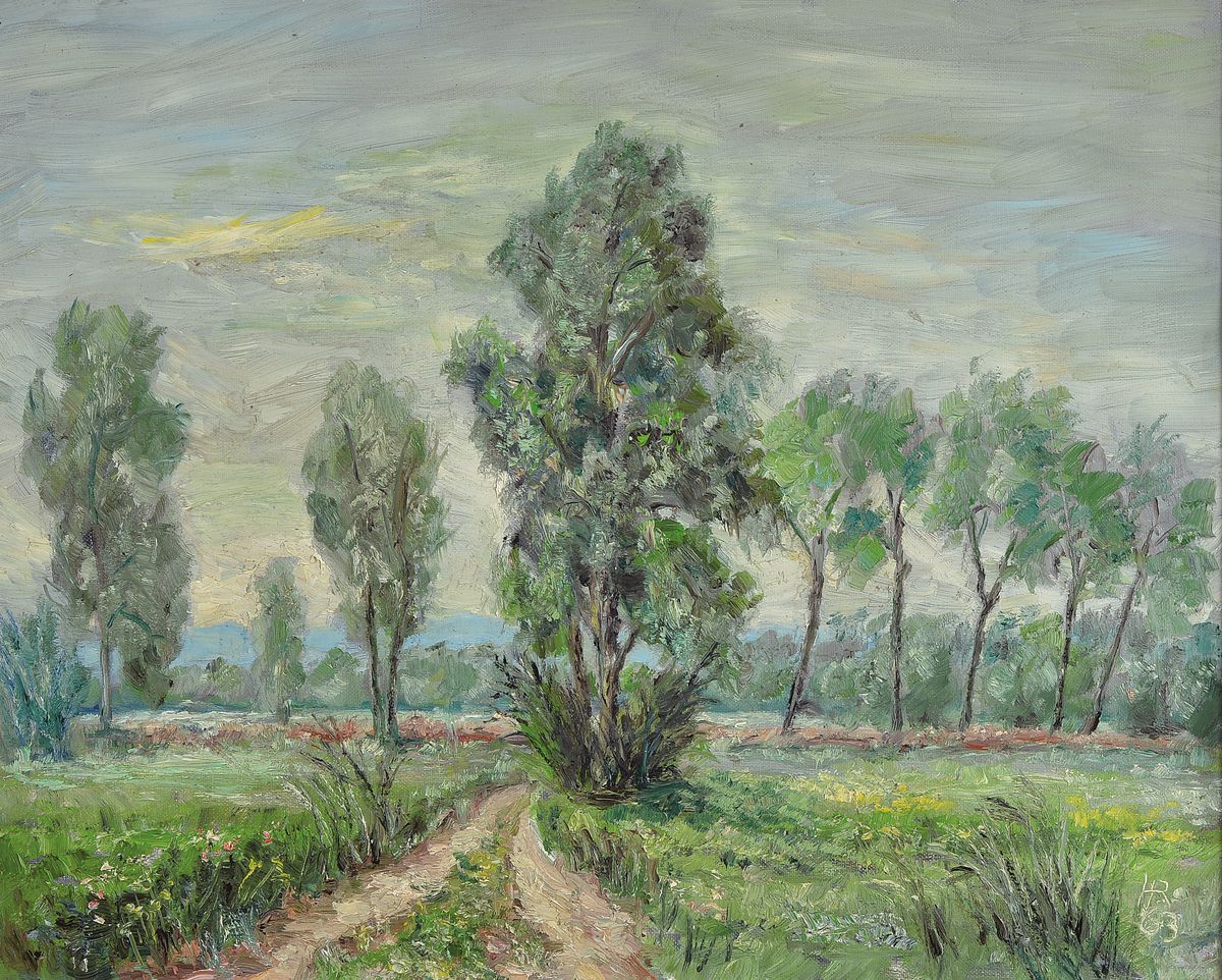 Heinz Reiss, 1923-2008 Haßloch, Schüler von Philipp Steinmetz, Mitglied der Künstlergruppe worbs, hier: Landschaft mit Bäumen, Öl/Lwd, monogr. ...